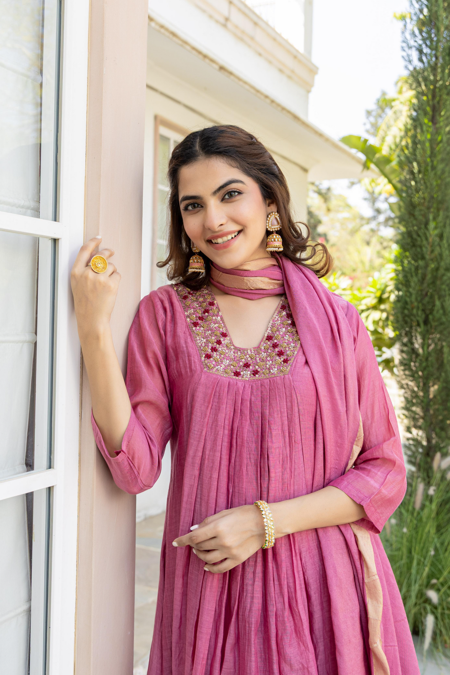 Pink Mul Chanderi A- Line Pleated Suit Set