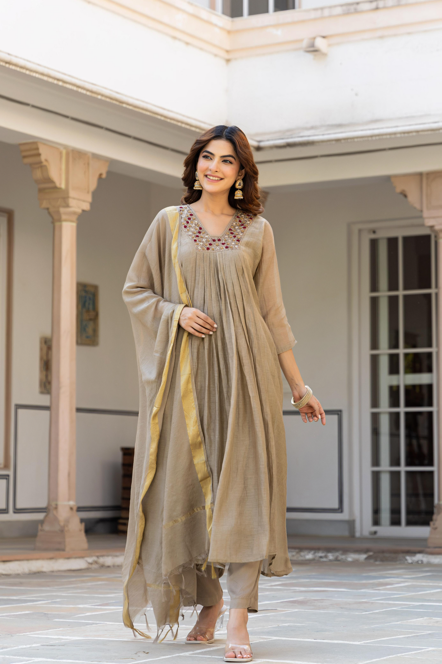 Beige Mul Chanderi A- Line Pleated Suit Set
