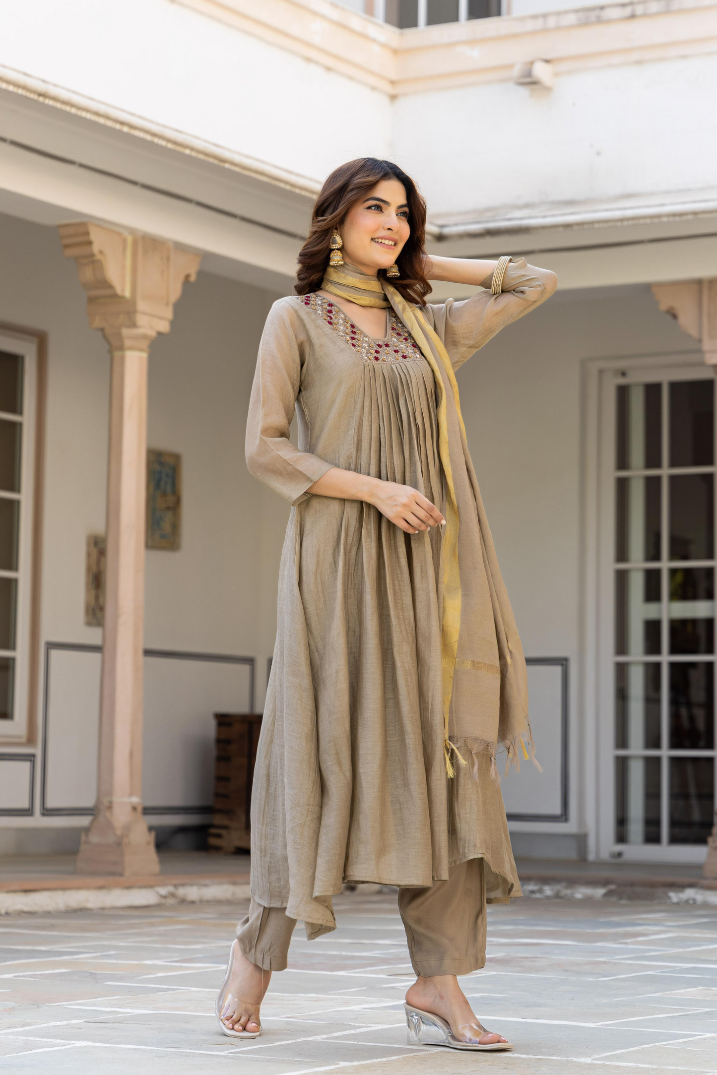 Beige Mul Chanderi A- Line Pleated Suit Set