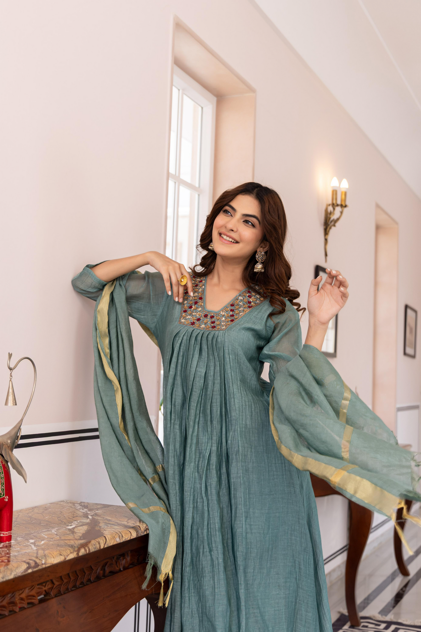 Aqua Mul Chanderi A- Line Pleated Suit Set