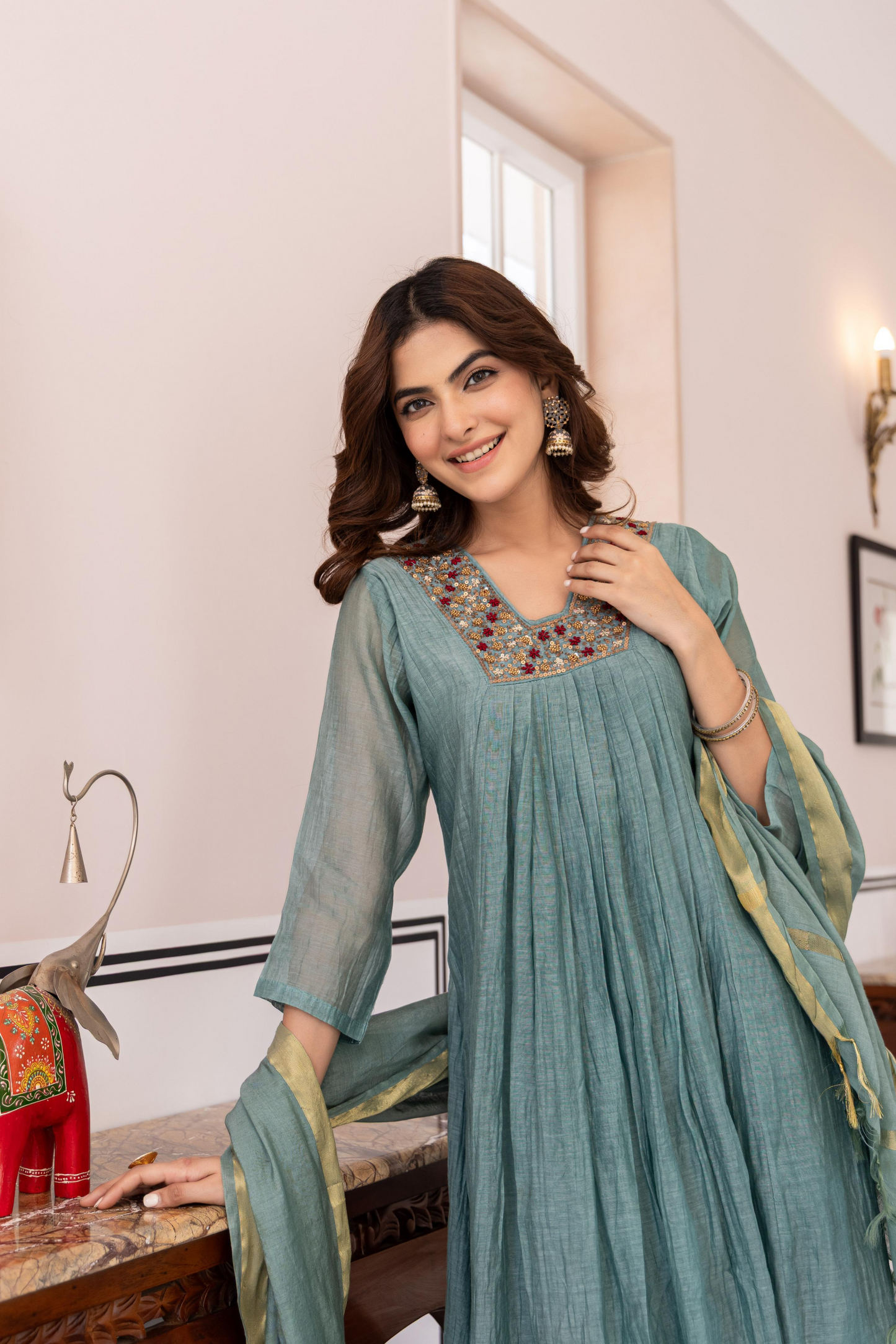 Aqua Mul Chanderi A- Line Pleated Suit Set