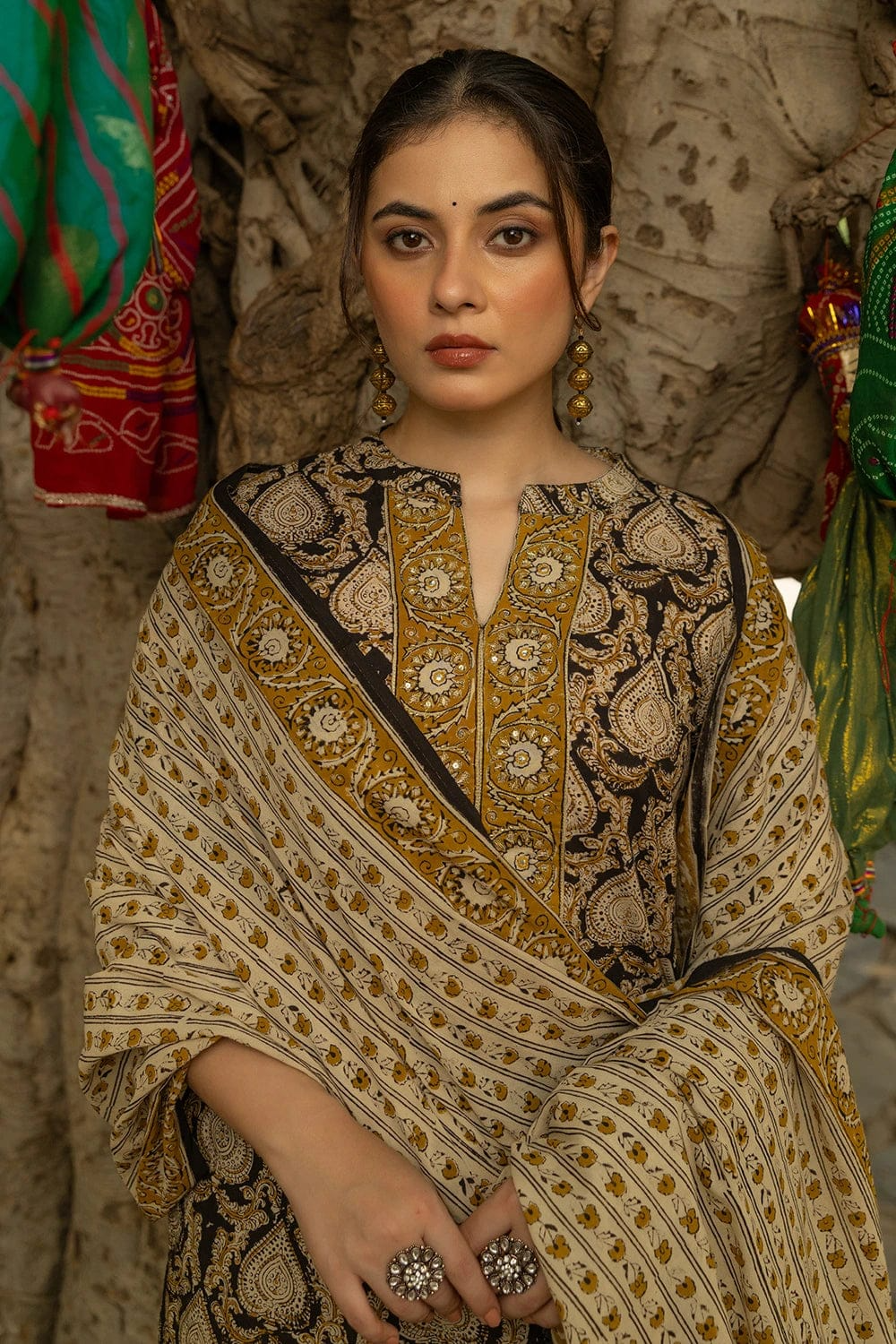 Black Bagru Hand Block Printed Cotton Kurta Pant & Dupatta Set
