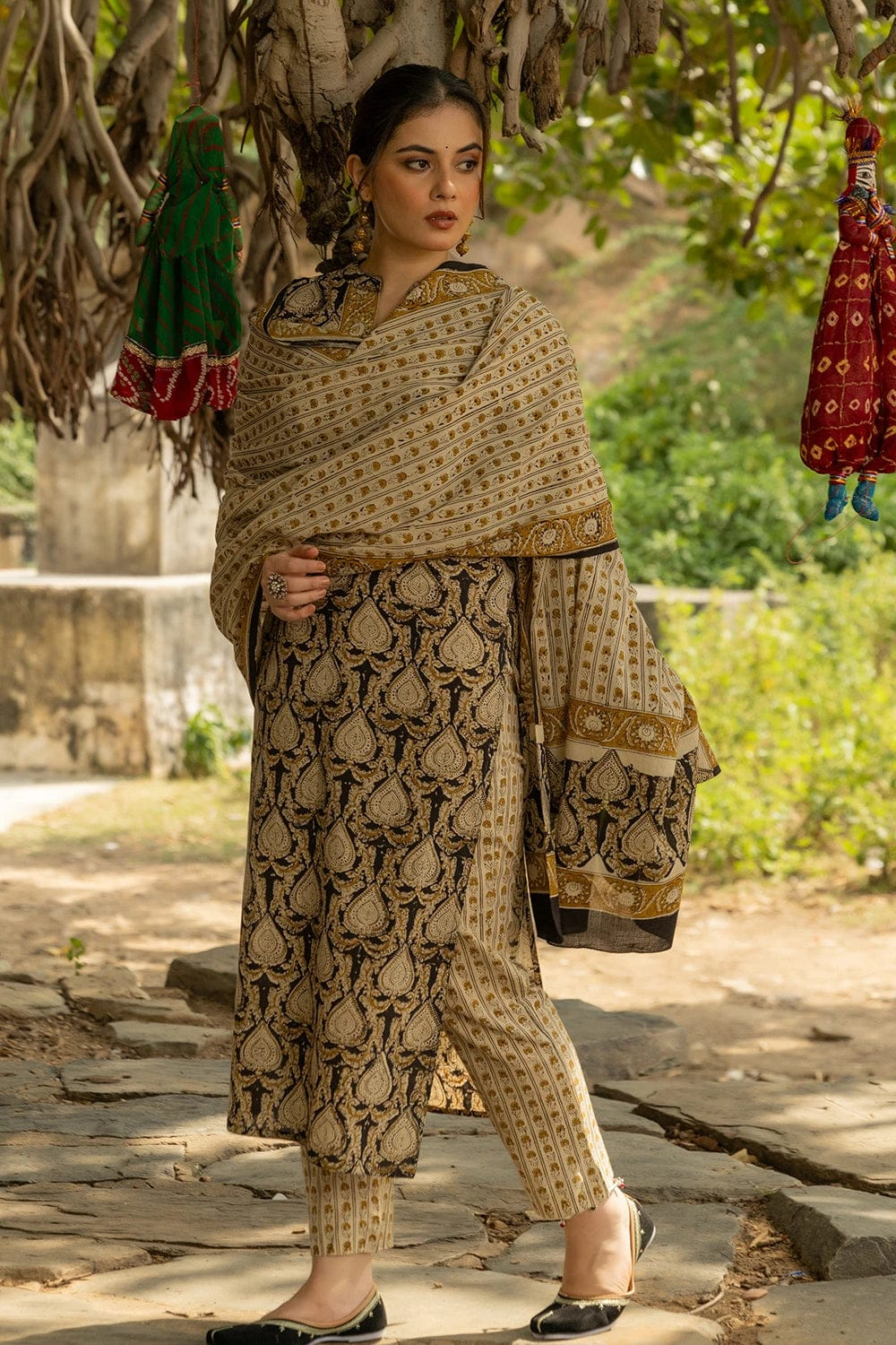 Black Bagru Hand Block Printed Cotton Kurta Pant & Dupatta Set