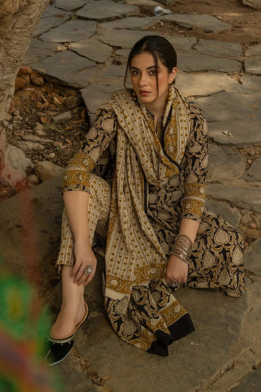 Black Bagru Hand Block Printed Cotton Kurta Pant & Dupatta Set