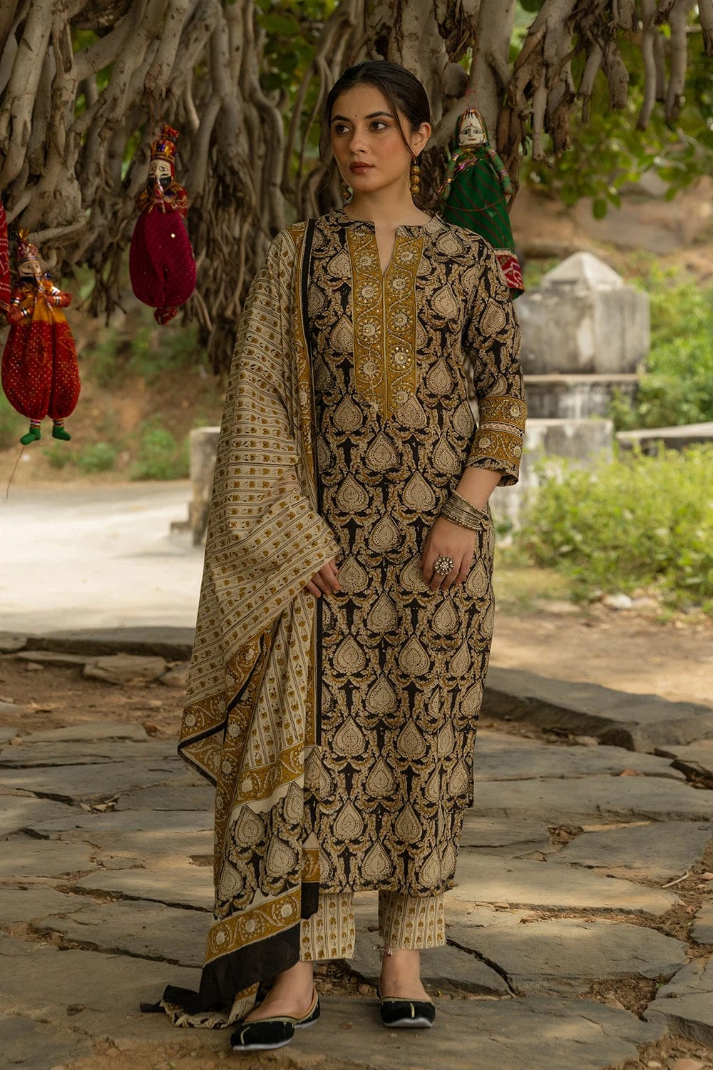 Black Bagru Hand Block Printed Cotton Kurta Pant & Dupatta Set