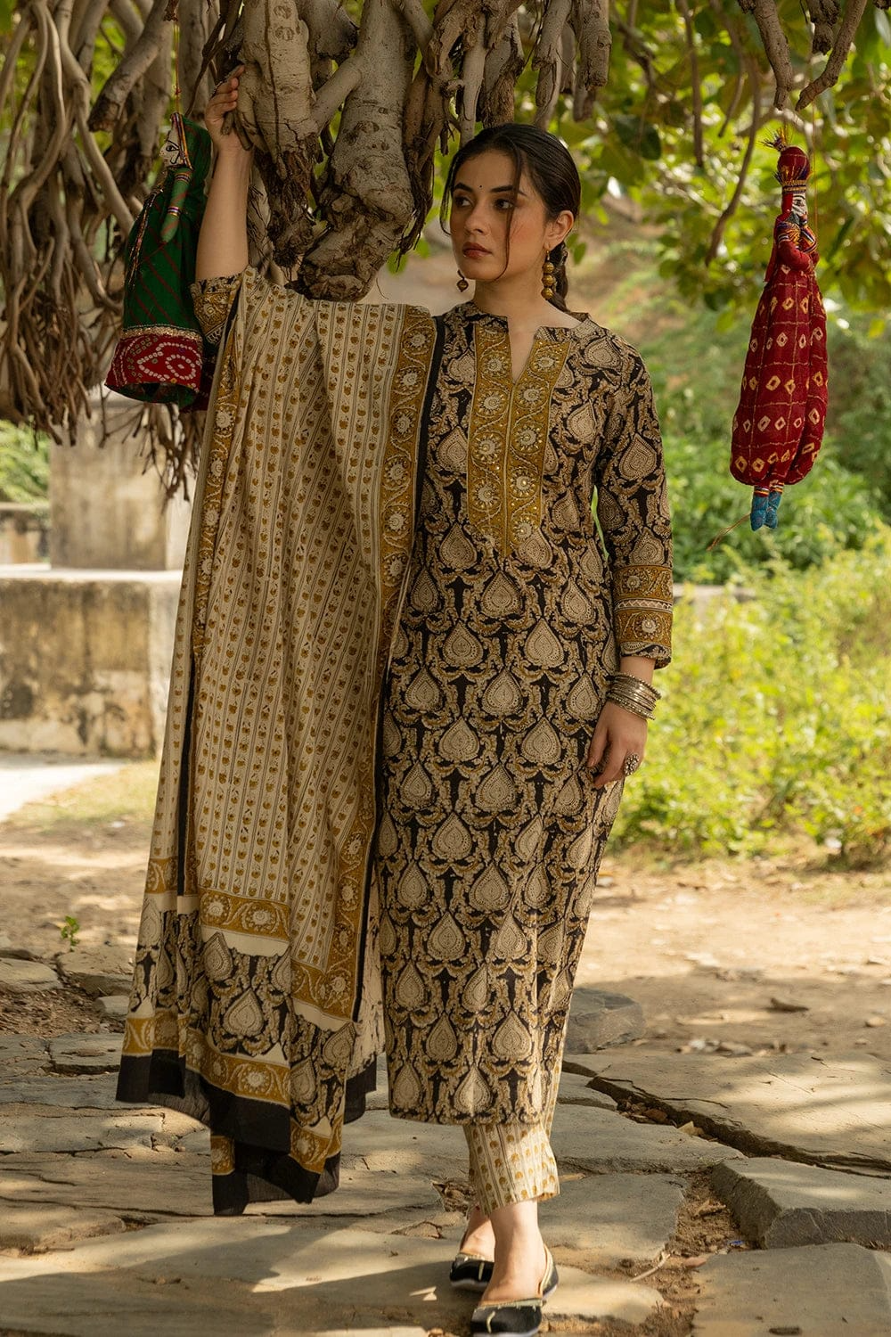 Black Bagru Hand Block Printed Cotton Kurta Pant & Dupatta Set