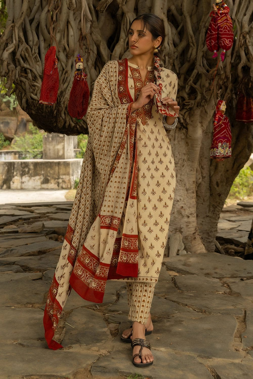 Beige Bagru Hand Block Printed Cotton Kurta Pant & Dupatta Set