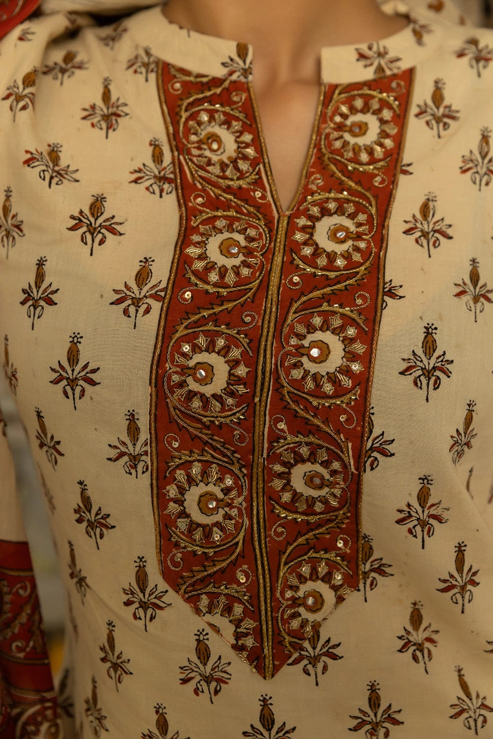 Beige Bagru Hand Block Printed Cotton Kurta Pant & Dupatta Set