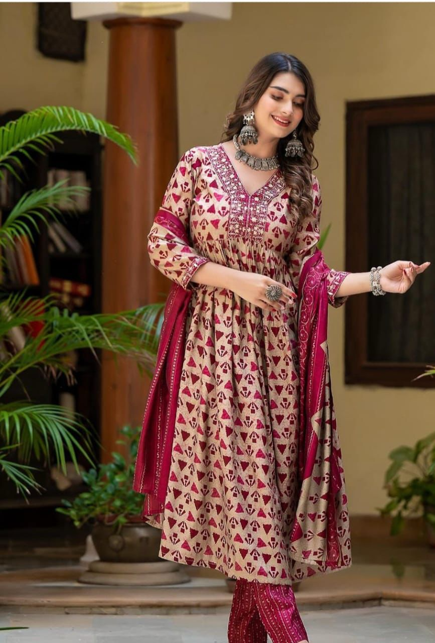 A-line Alia Cut Embroidered Cotton Suits