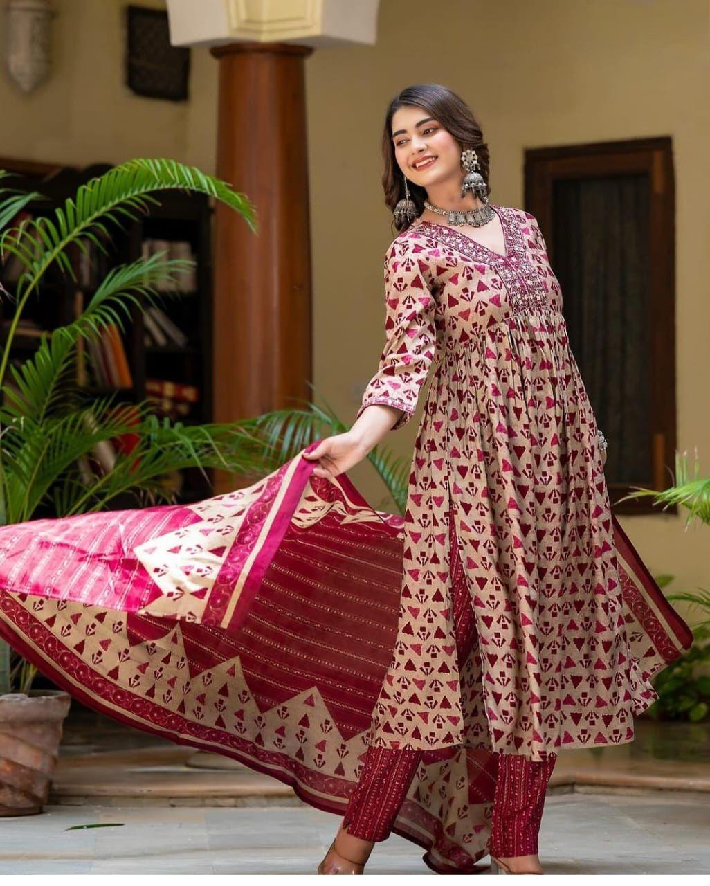 A-line Alia Cut Embroidered Cotton Suits