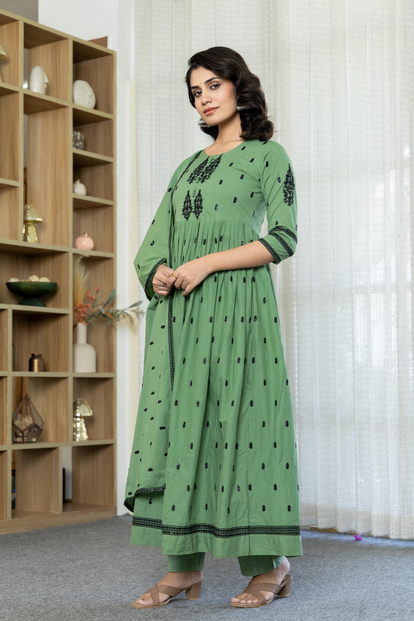 Sea Foam Cotton Embroidered Flared Kurta Set
