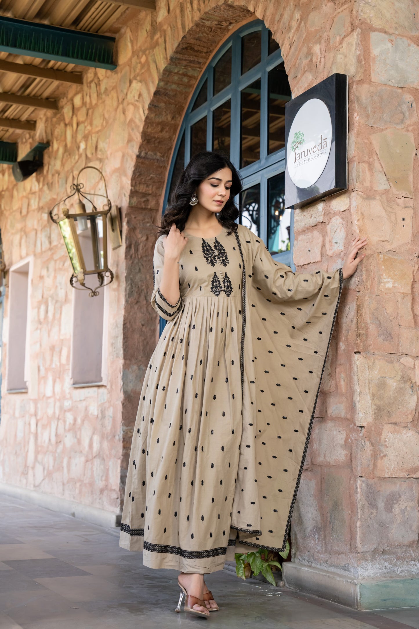 Pale Brown Cotton Embroidered Flared Kurta Set
