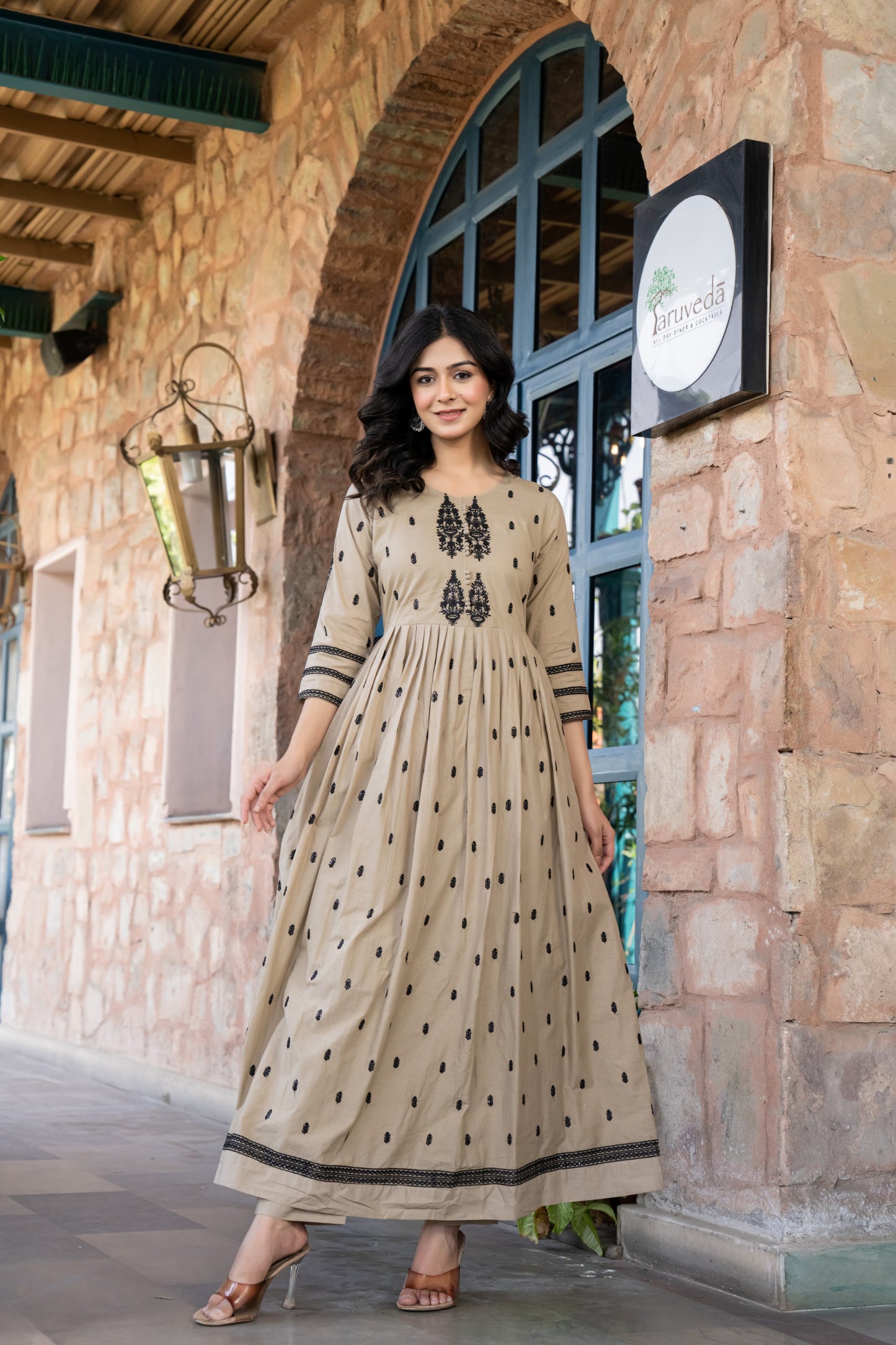 Pale Brown Cotton Embroidered Flared Kurta Set