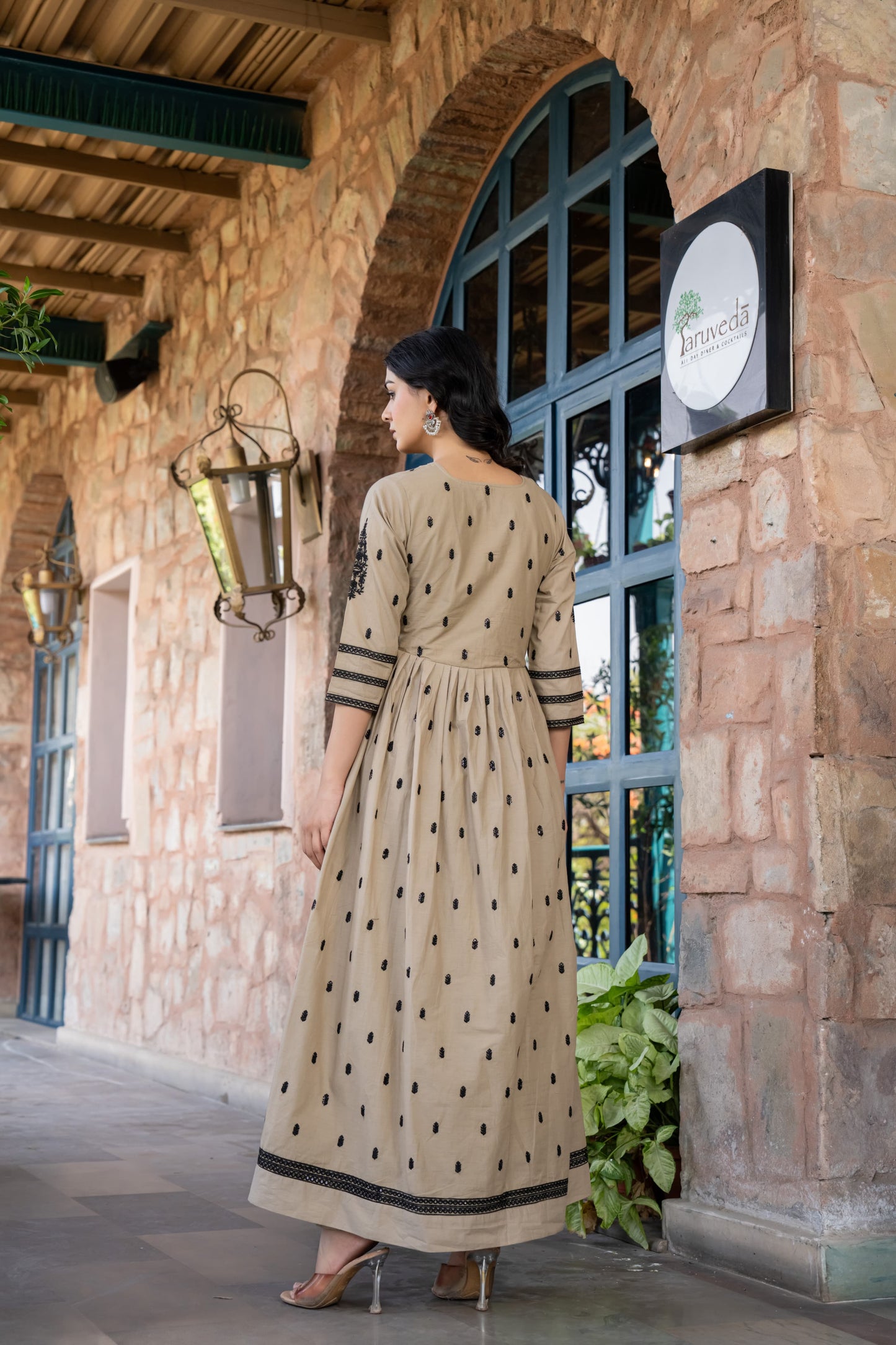 Pale Brown Cotton Embroidered Flared Kurta Set