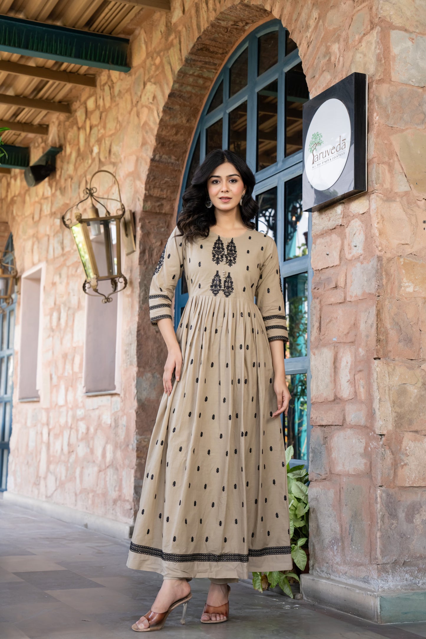 Pale Brown Cotton Embroidered Flared Kurta Set