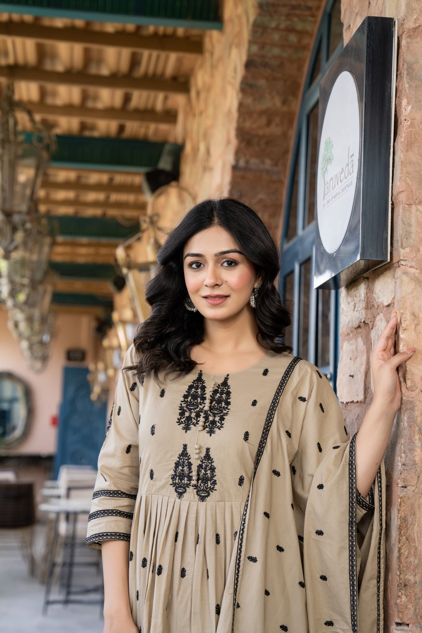 Pale Brown Cotton Embroidered Flared Kurta Set