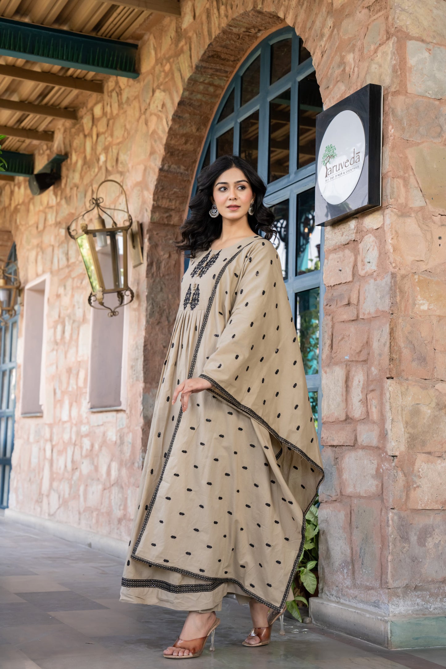 Pale Brown Cotton Embroidered Flared Kurta Set