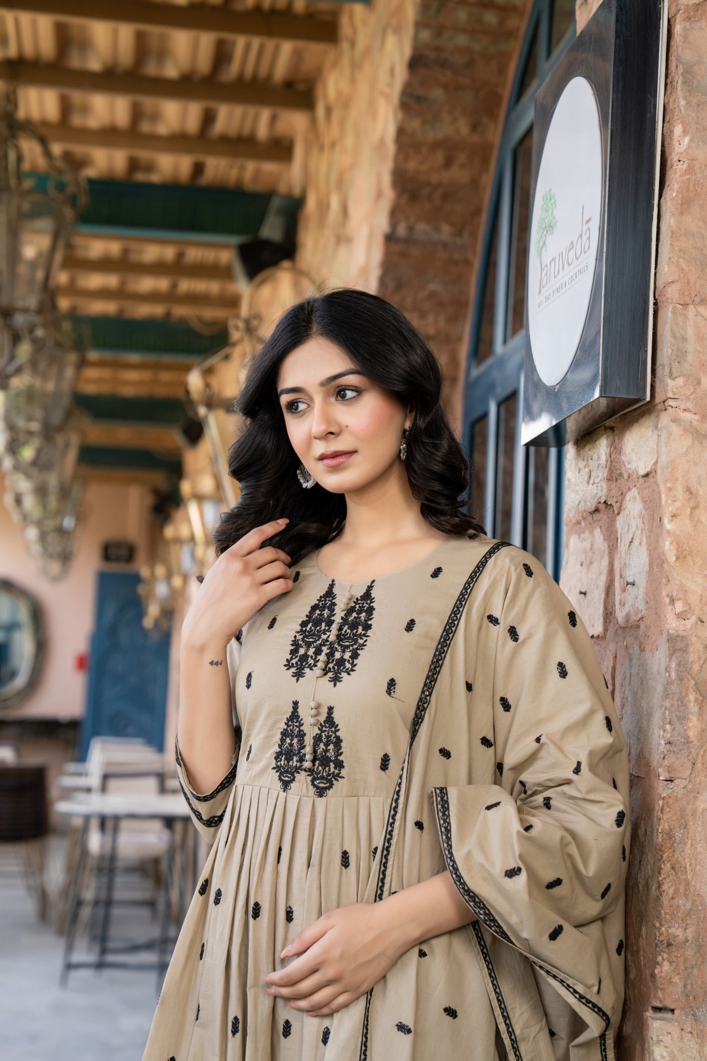 Pale Brown Cotton Embroidered Flared Kurta Set