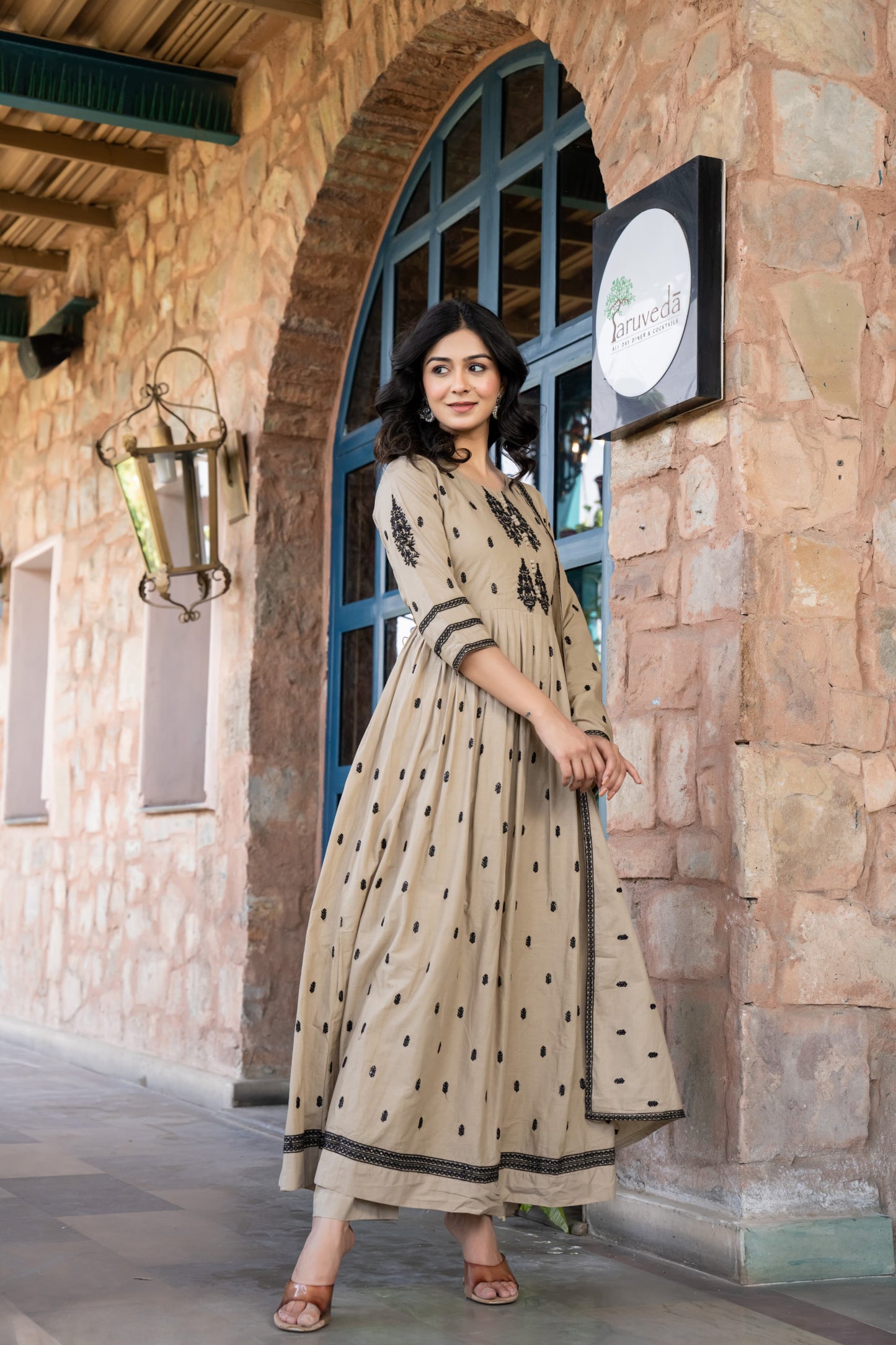 Pale Brown Cotton Embroidered Flared Kurta Set