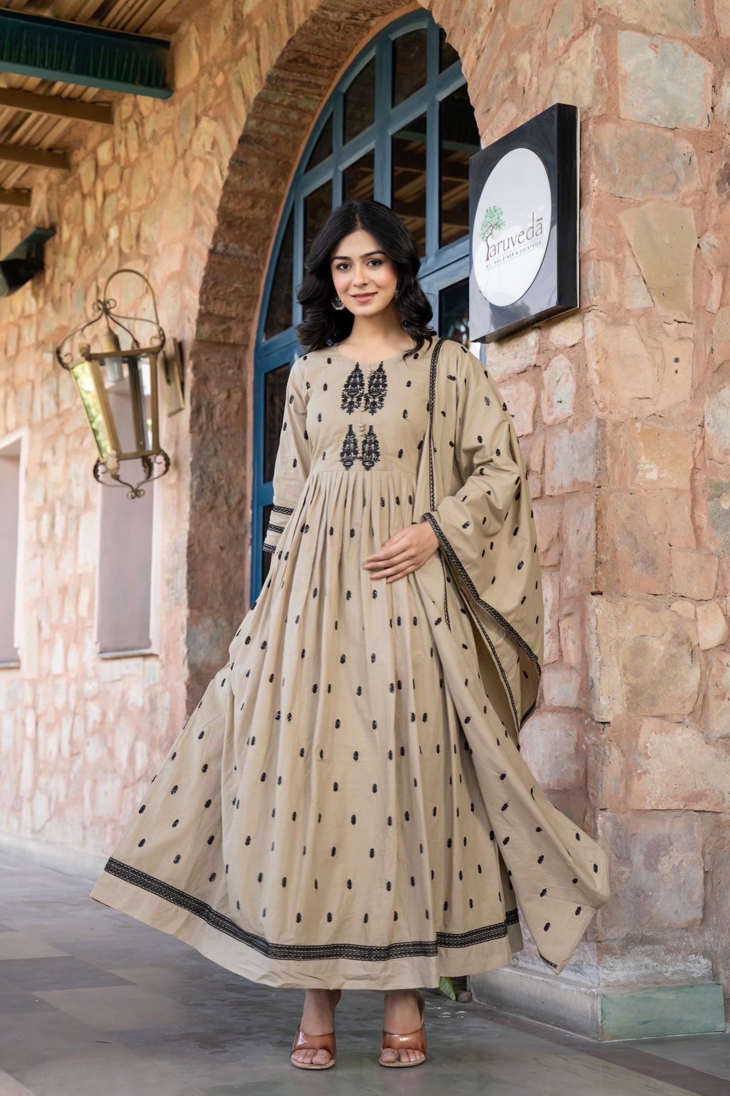 Pale Brown Cotton Embroidered Flared Kurta Set