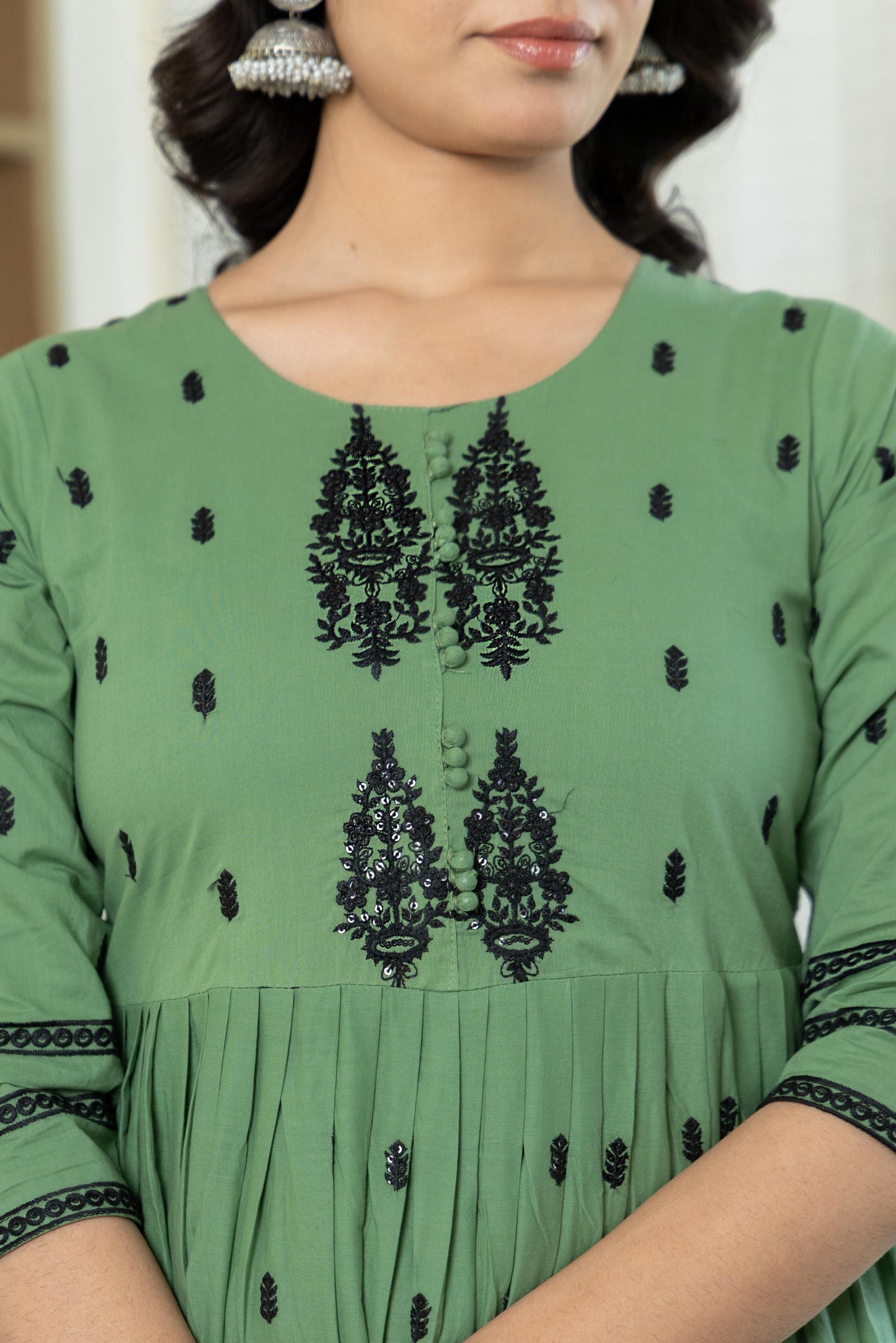 Sea Foam Cotton Embroidered Flared Kurta Set