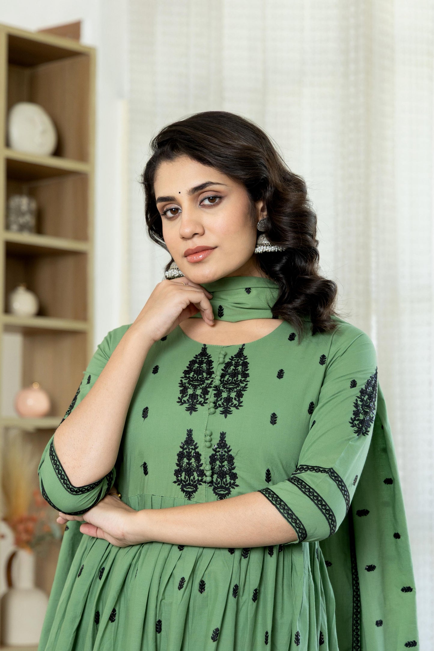 Sea Foam Cotton Embroidered Flared Kurta Set