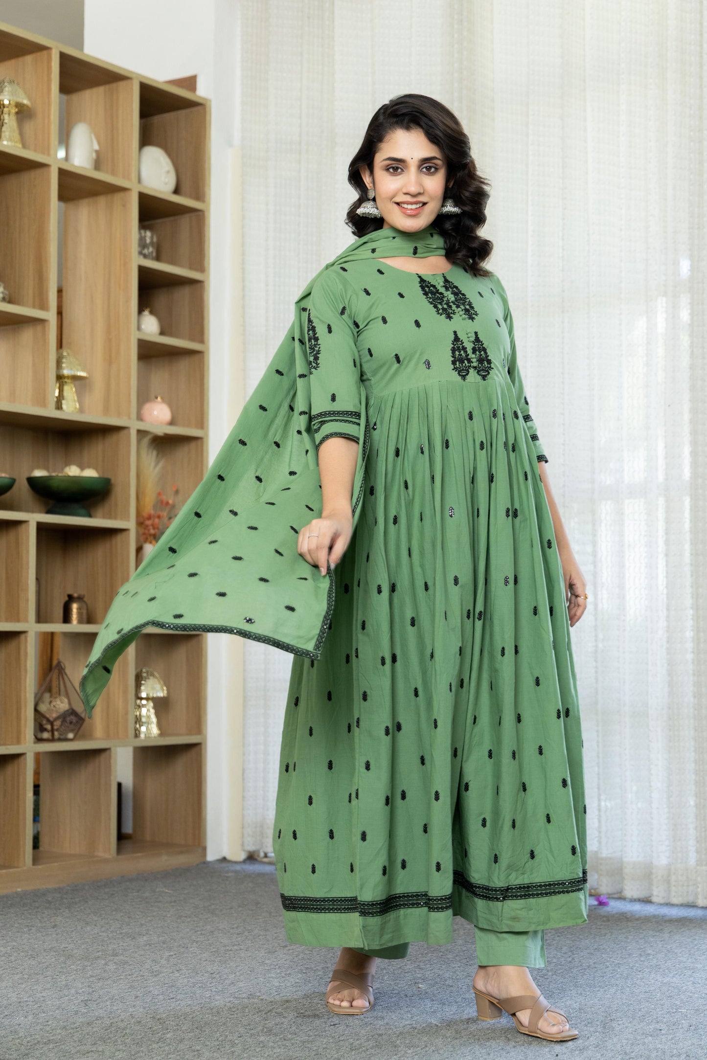 Sea Foam Cotton Embroidered Flared Kurta Set