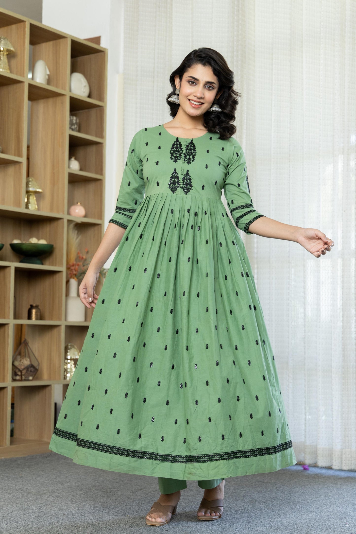Sea Foam Cotton Embroidered Flared Kurta Set