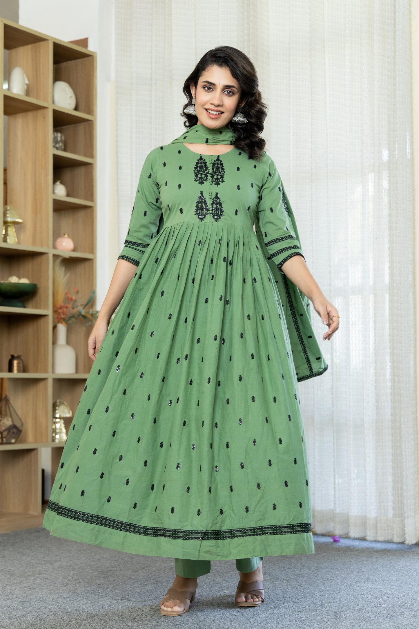 Sea Foam Cotton Embroidered Flared Kurta Set