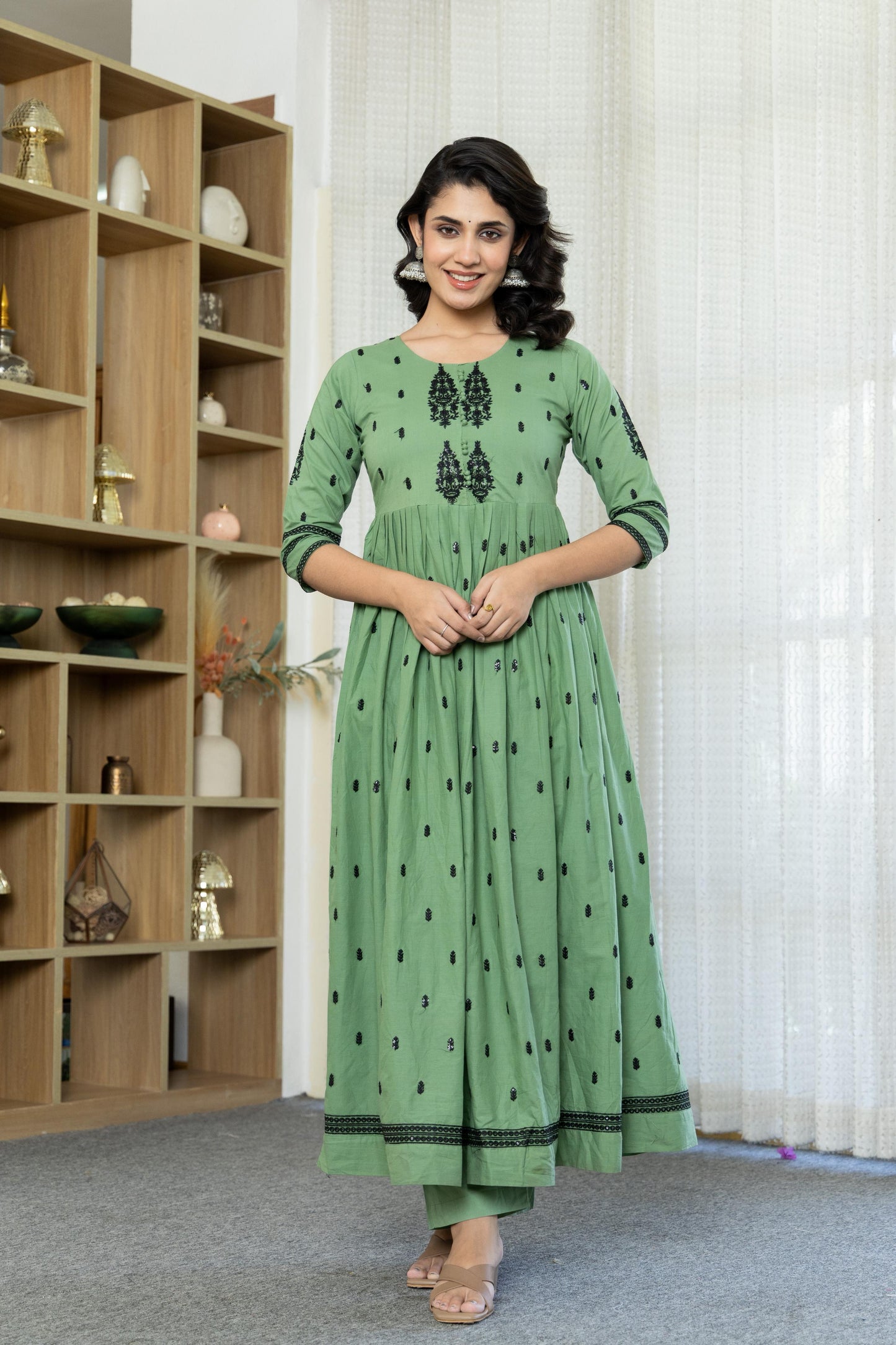 Sea Foam Cotton Embroidered Flared Kurta Set
