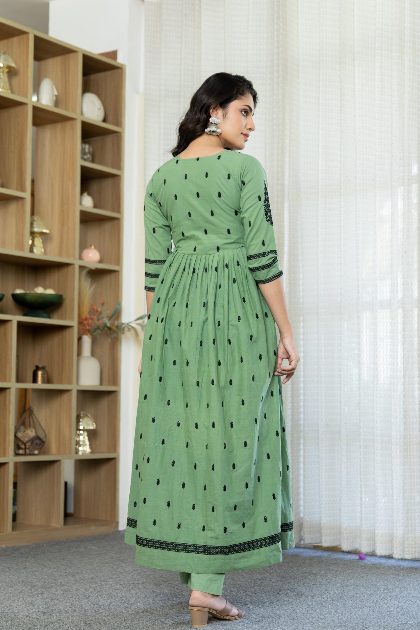Sea Foam Cotton Embroidered Flared Kurta Set