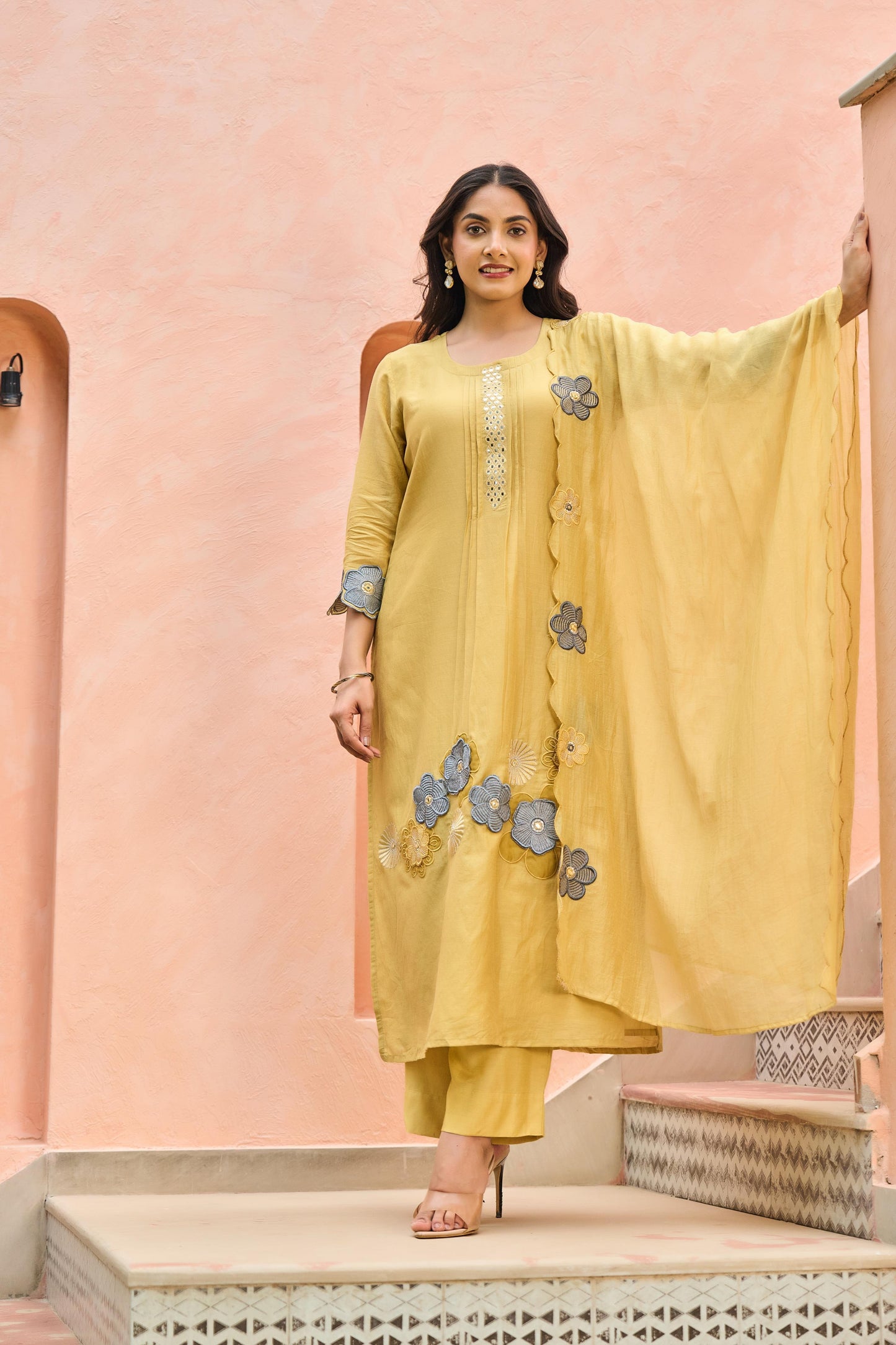 Faded Yellow Mul Chanderi Kurta Set