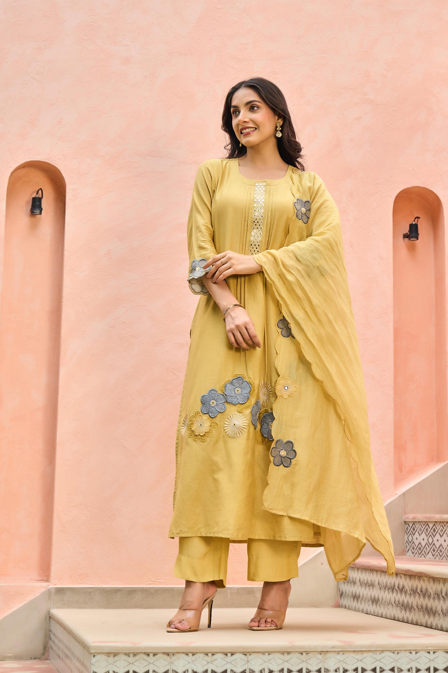 Faded Yellow Mul Chanderi Kurta Set