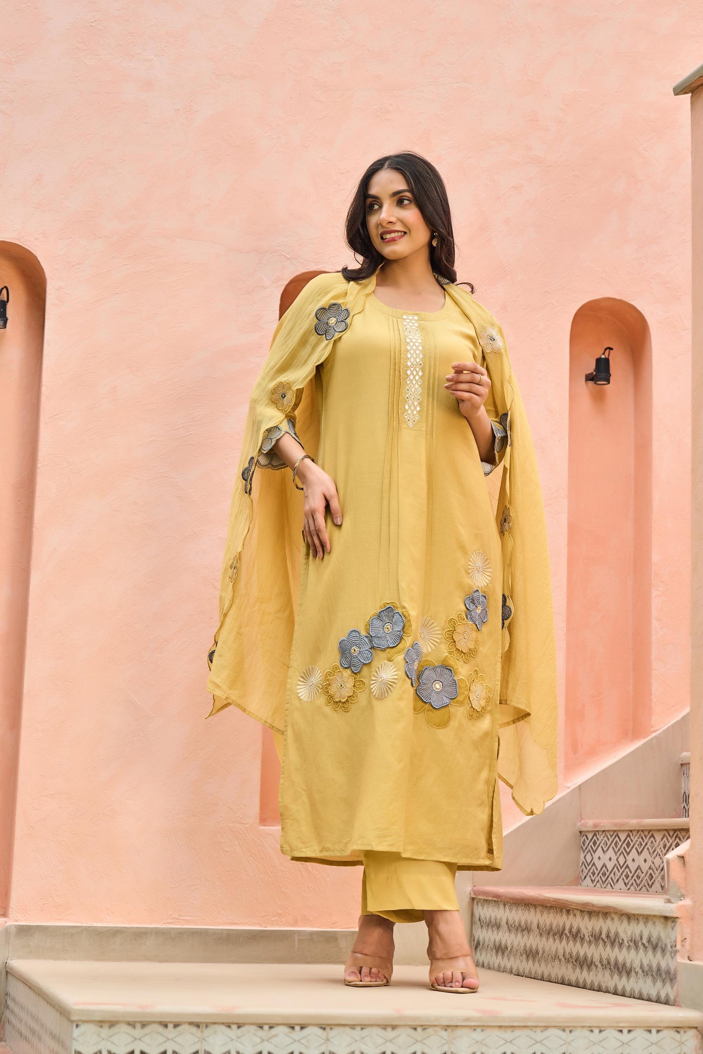 Faded Yellow Mul Chanderi Kurta Set