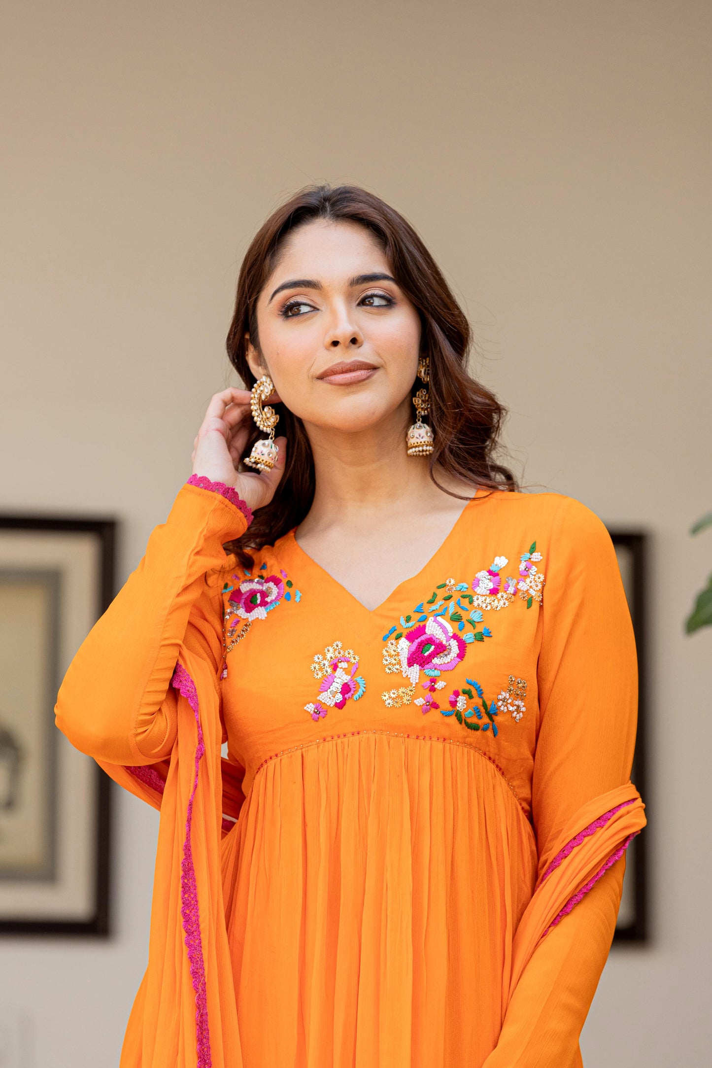 Orange Chinon Hand Work Embroideried Kurta Set