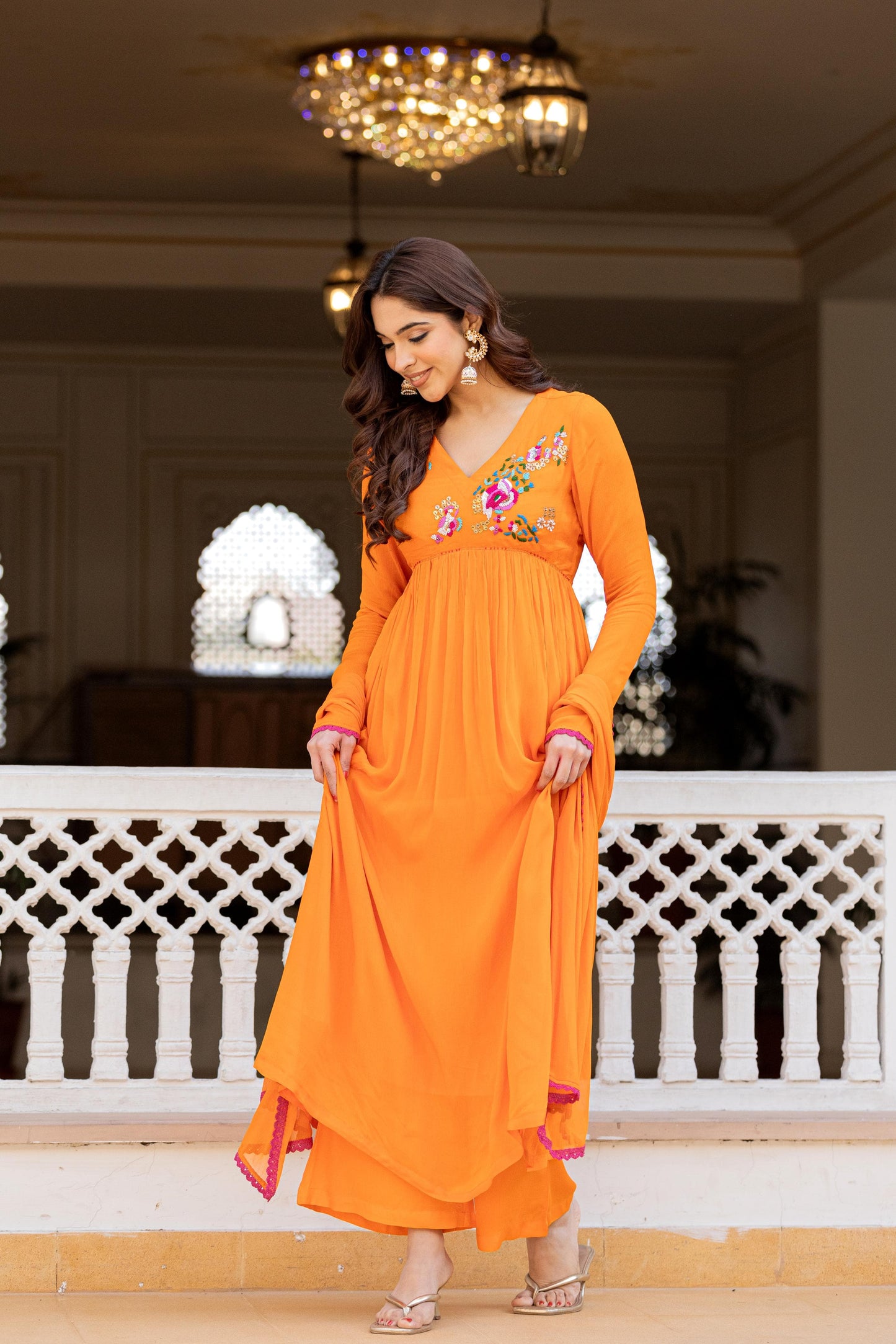 Orange Chinon Hand Work Embroideried Kurta Set