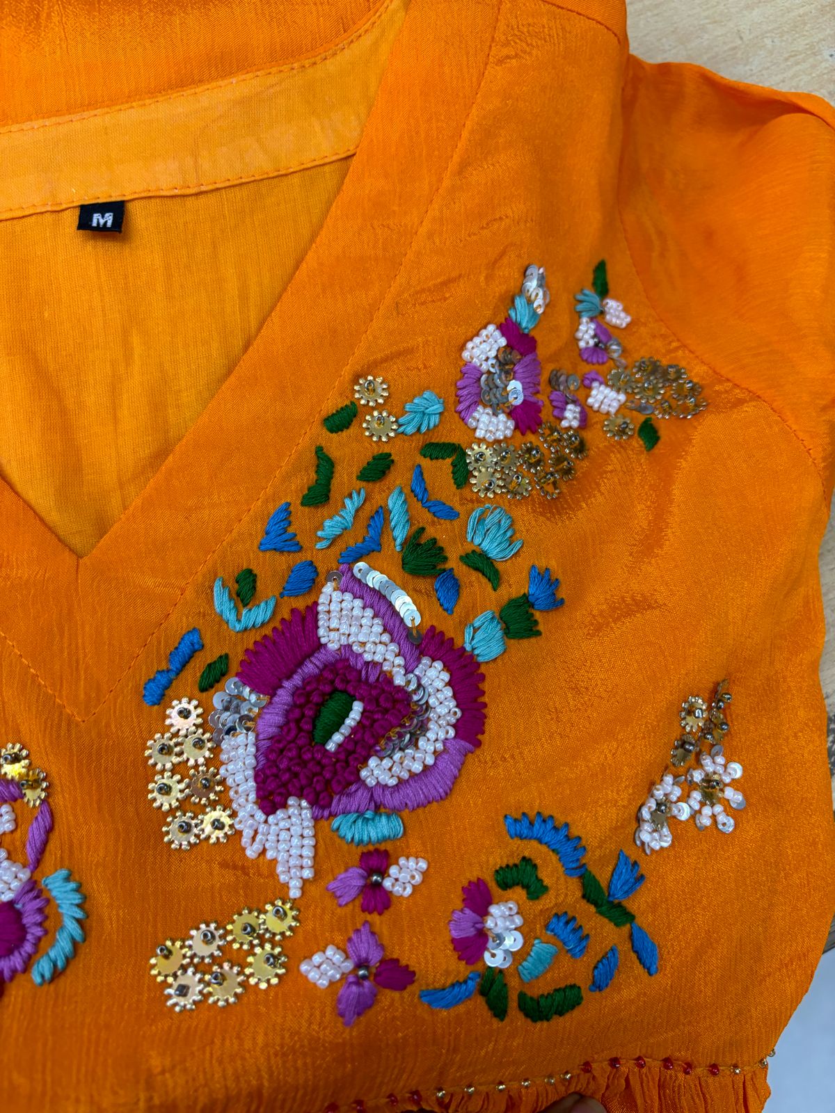 Orange Chinon Hand Work Embroideried Kurta Set