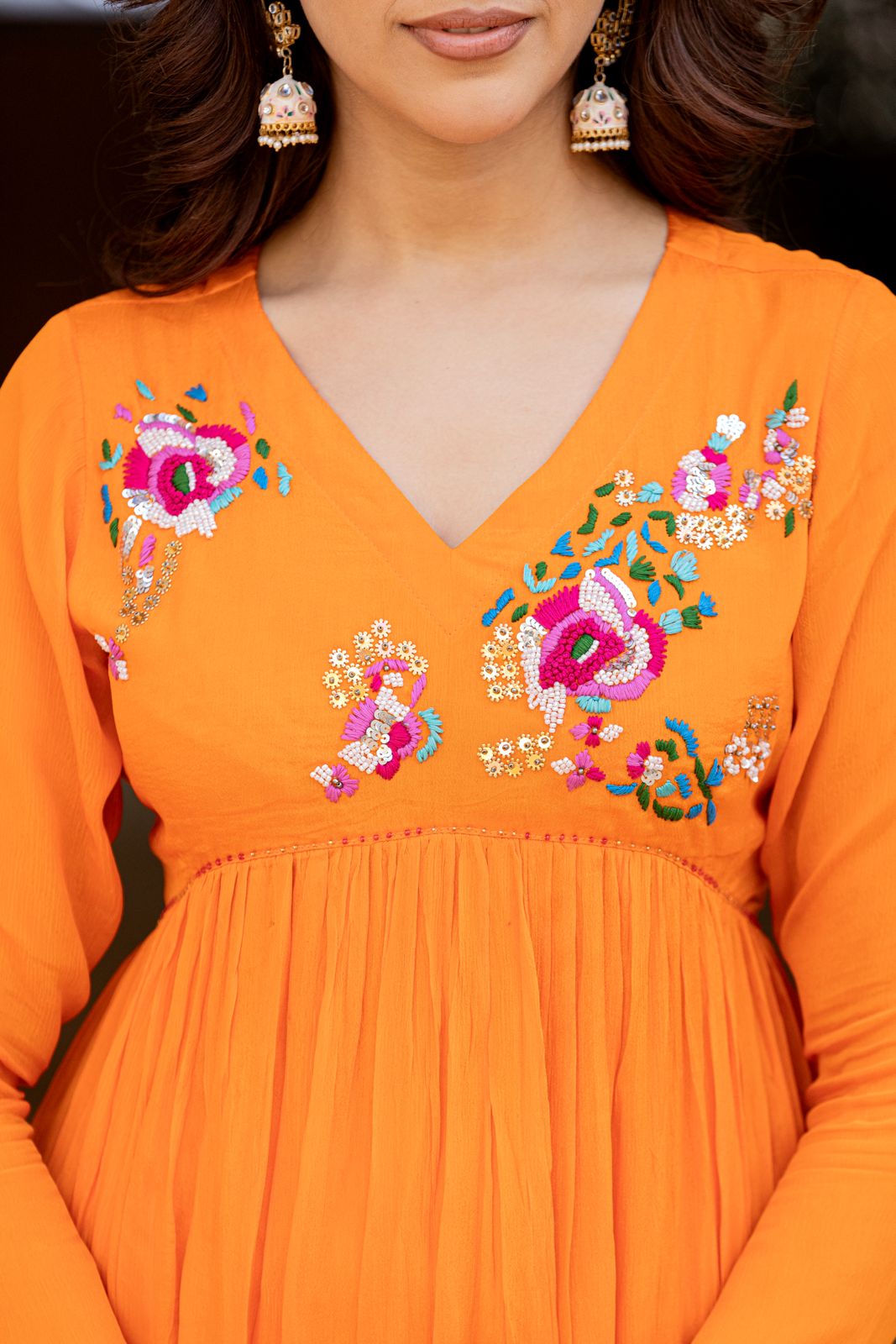 Orange Chinon Hand Work Embroideried Kurta Set