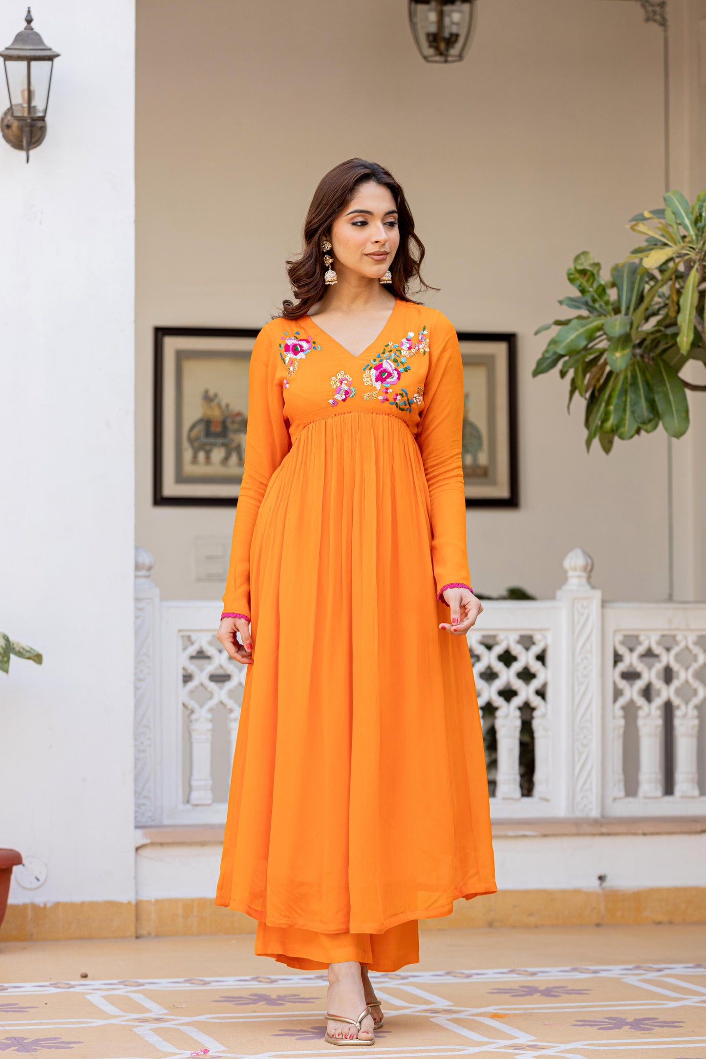 Orange Chinon Hand Work Embroideried Kurta Set