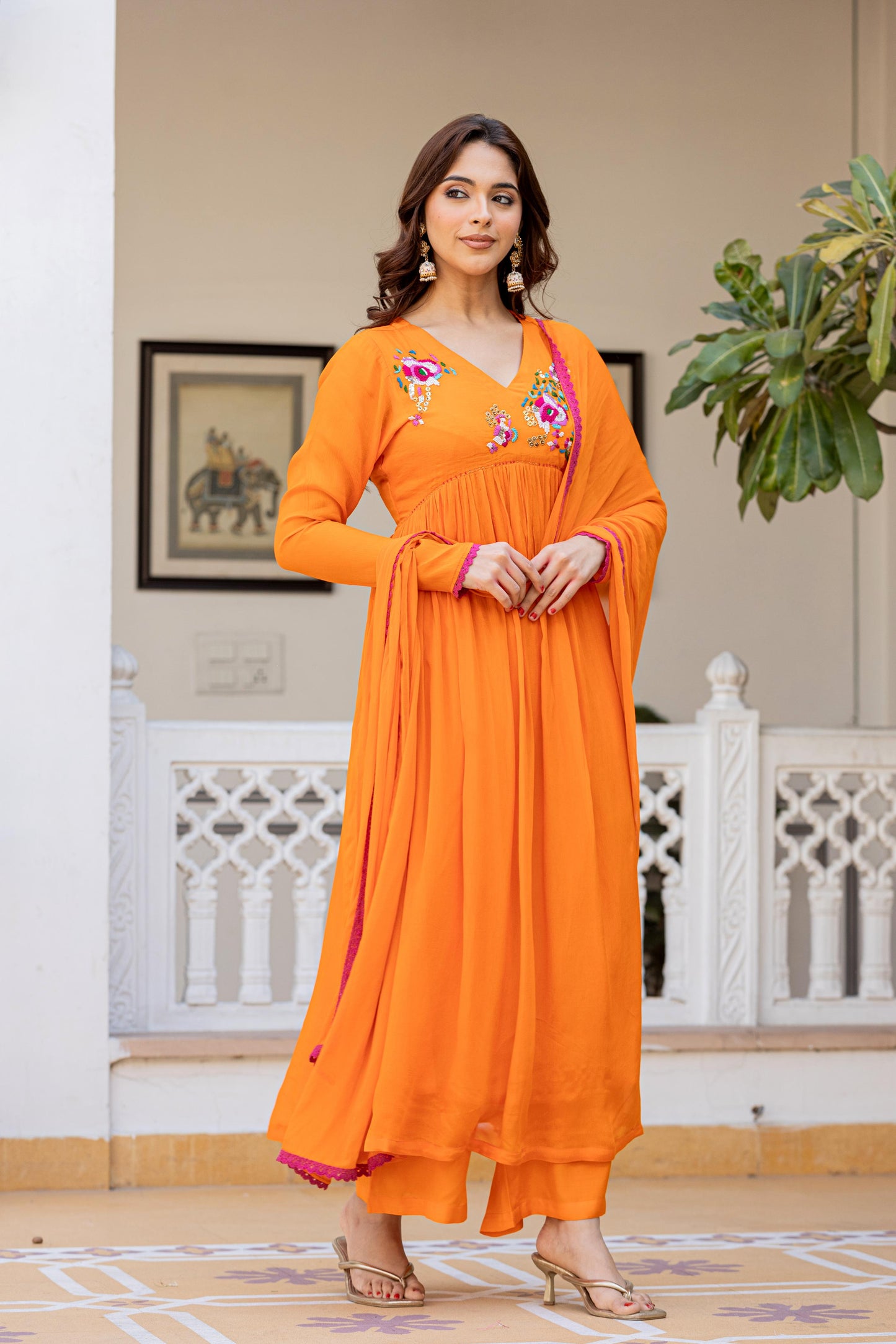 Orange Chinon Hand Work Embroideried Kurta Set