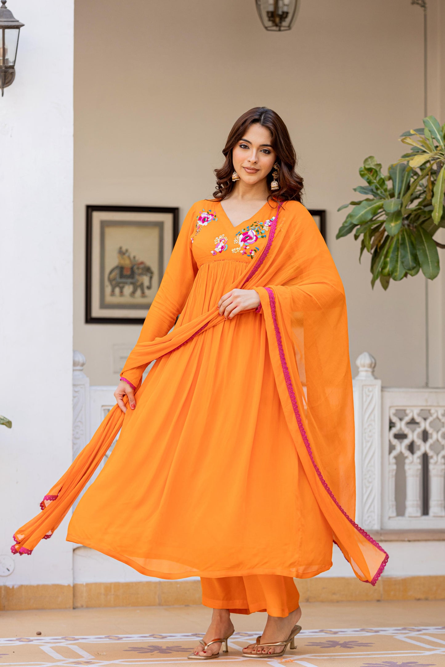 Orange Chinon Hand Work Embroideried Kurta Set