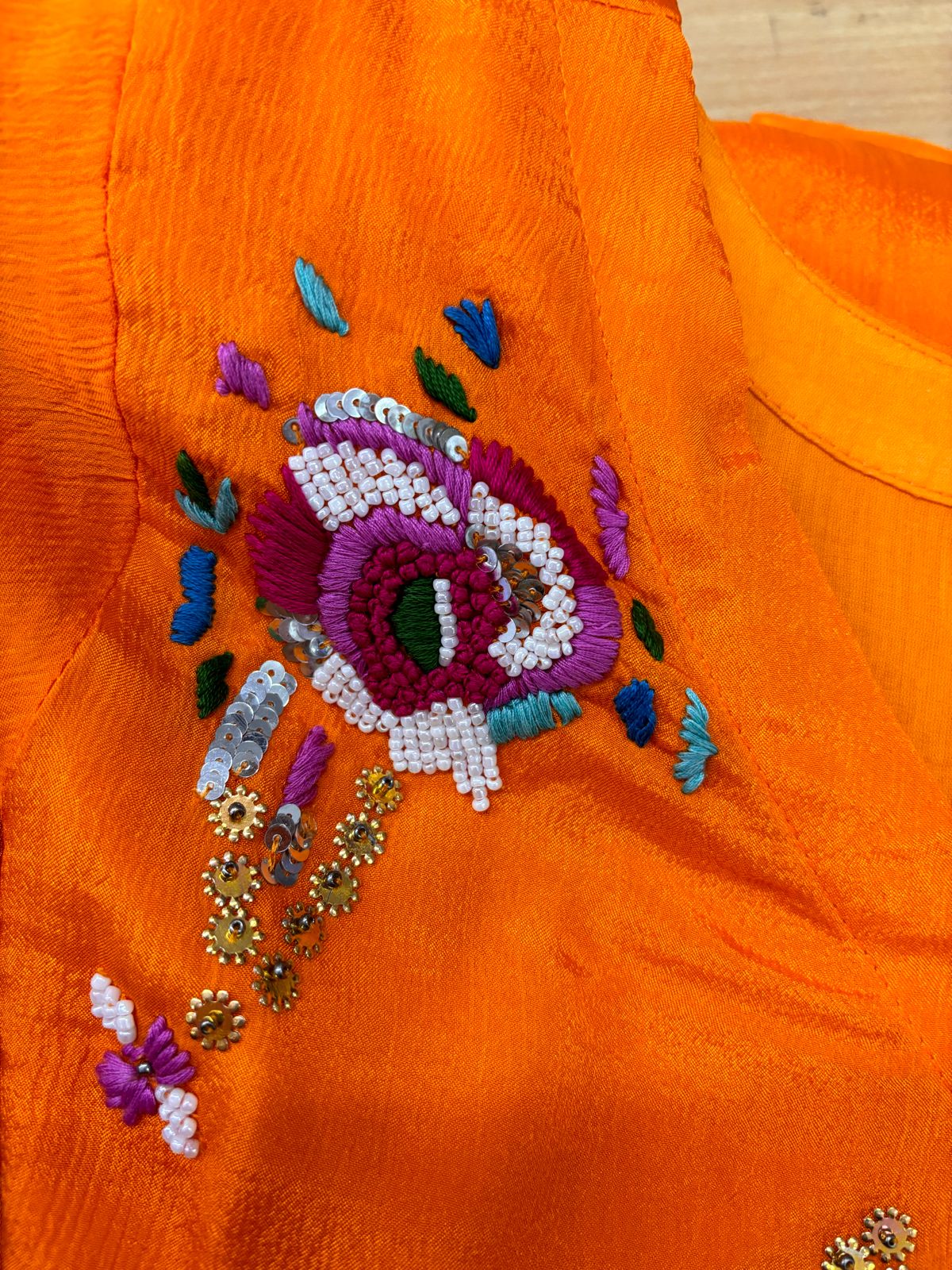 Orange Chinon Hand Work Embroideried Kurta Set