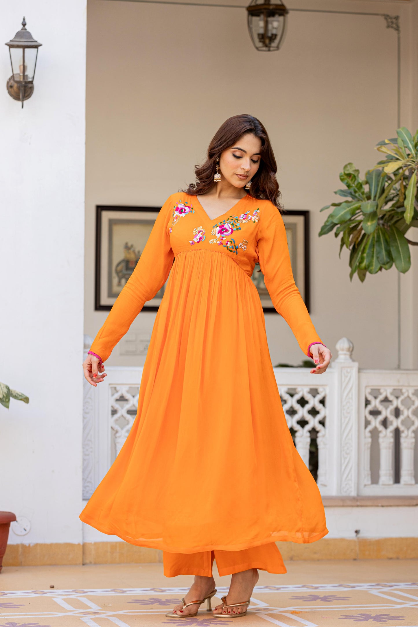 Orange Chinon Hand Work Embroideried Kurta Set
