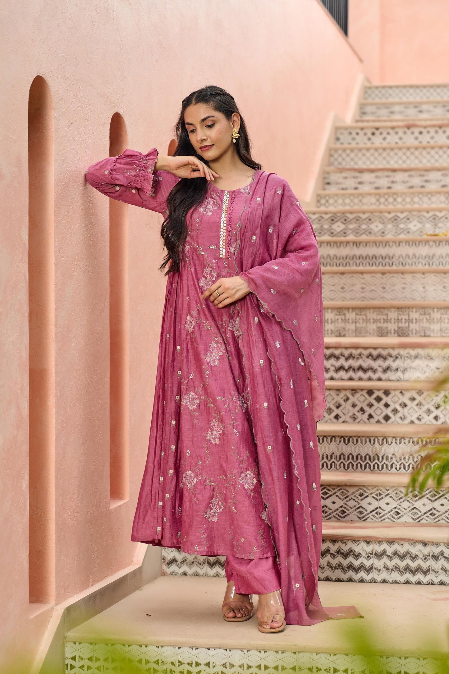 Pink Mul Chanderi Hand Design Embroidered Kurta Set