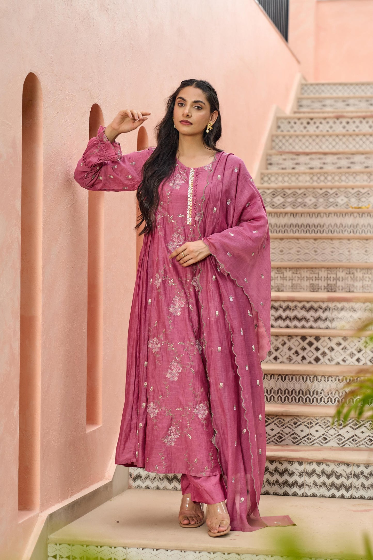 Pink Mul Chanderi Hand Design Embroidered Kurta Set