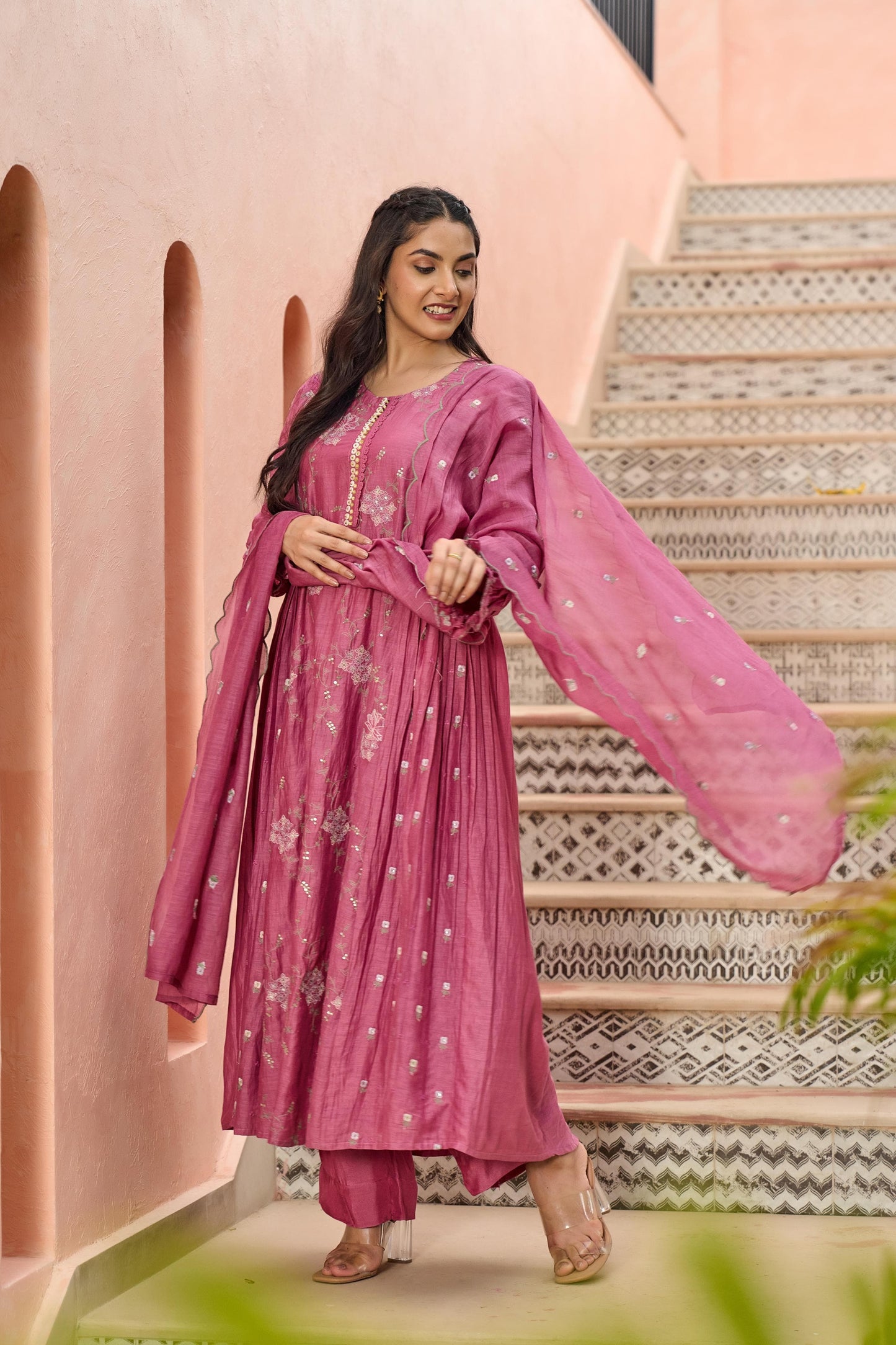 Pink Mul Chanderi Hand Design Embroidered Kurta Set