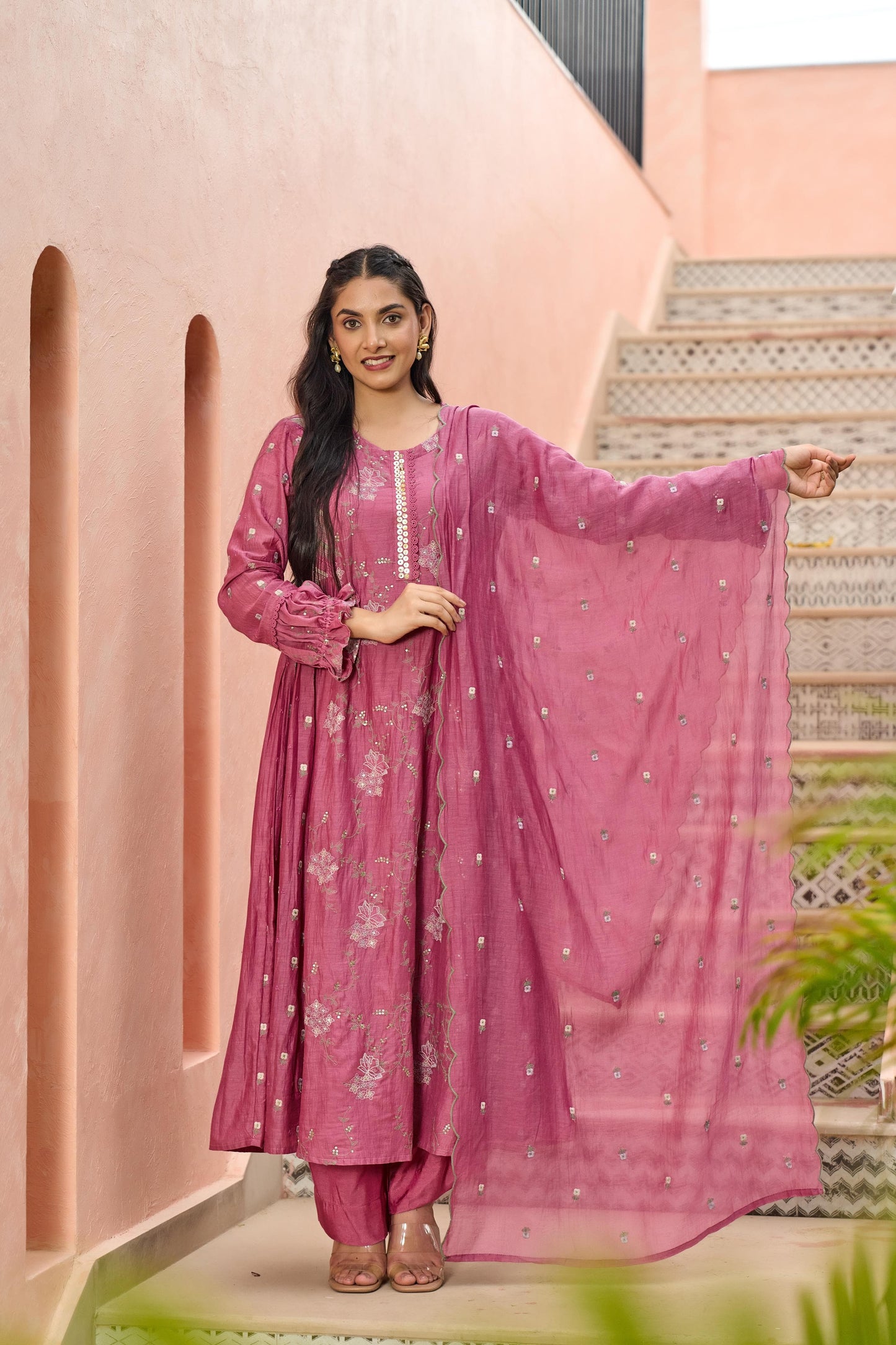 Pink Mul Chanderi Hand Design Embroidered Kurta Set