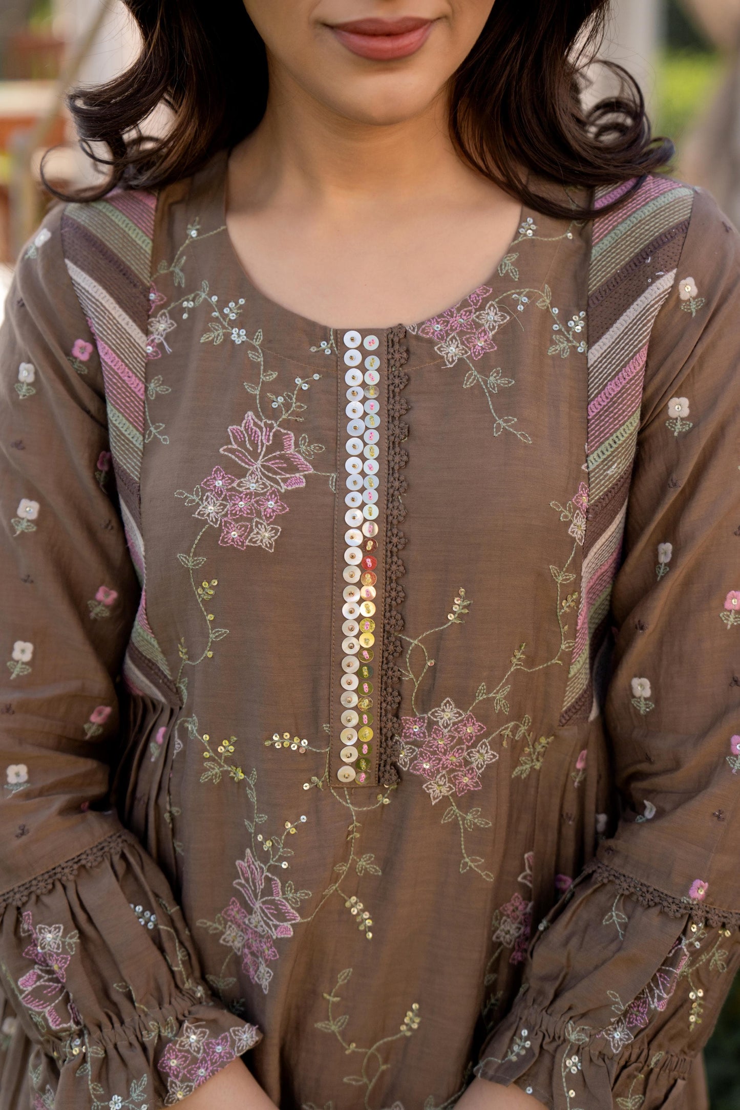 Copper Brown Mul Chanderi Hand Design Embroidered Kurta Set