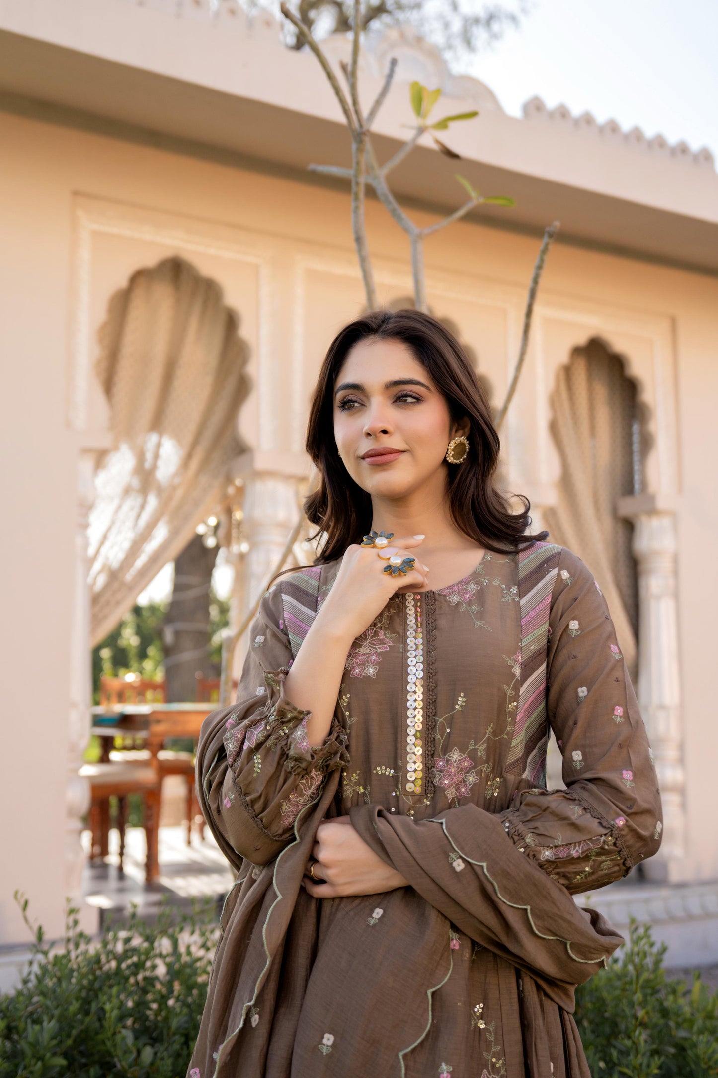 Copper Brown Mul Chanderi Hand Design Embroidered Kurta Set