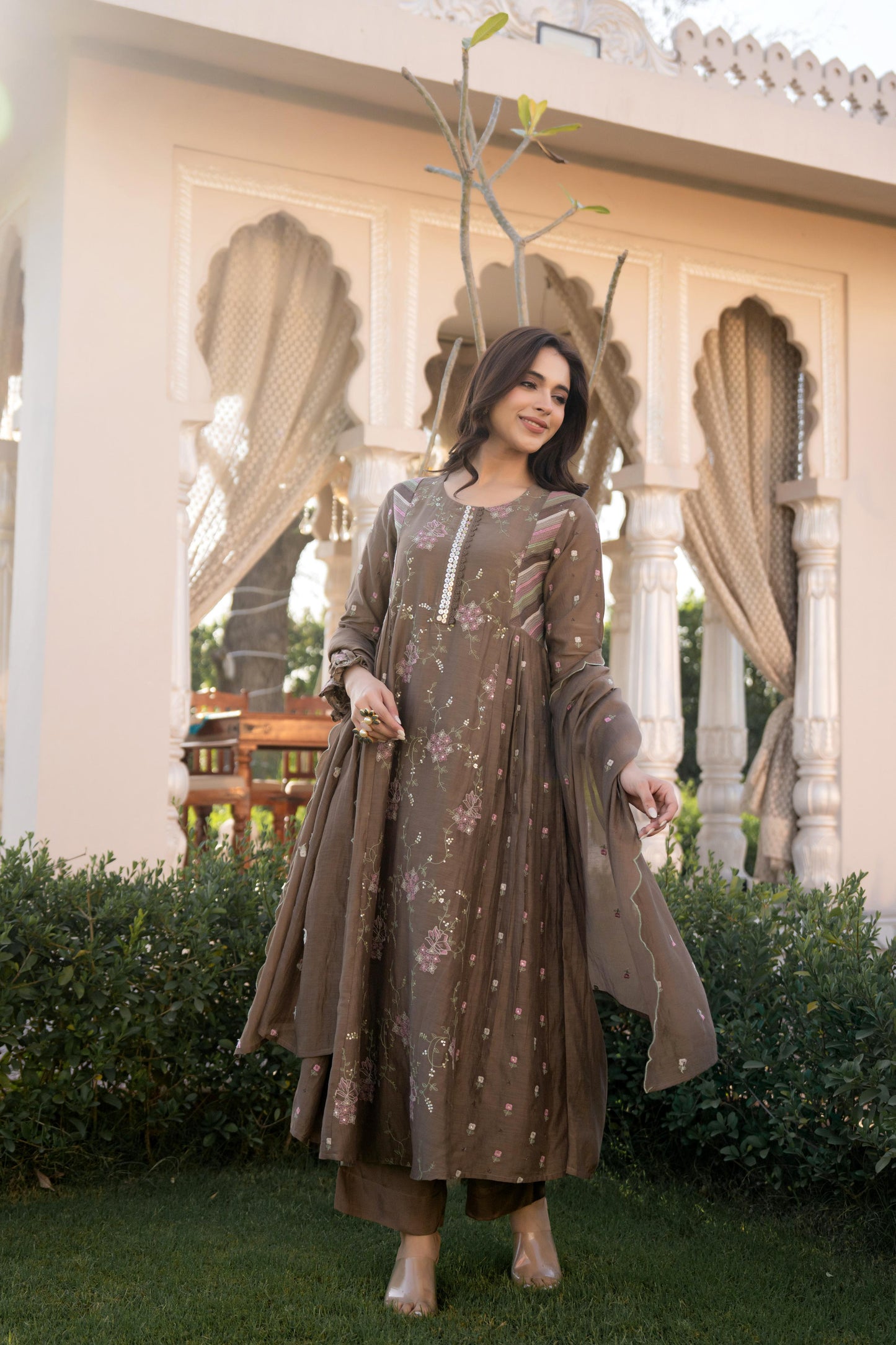 Copper Brown Mul Chanderi Hand Design Embroidered Kurta Set